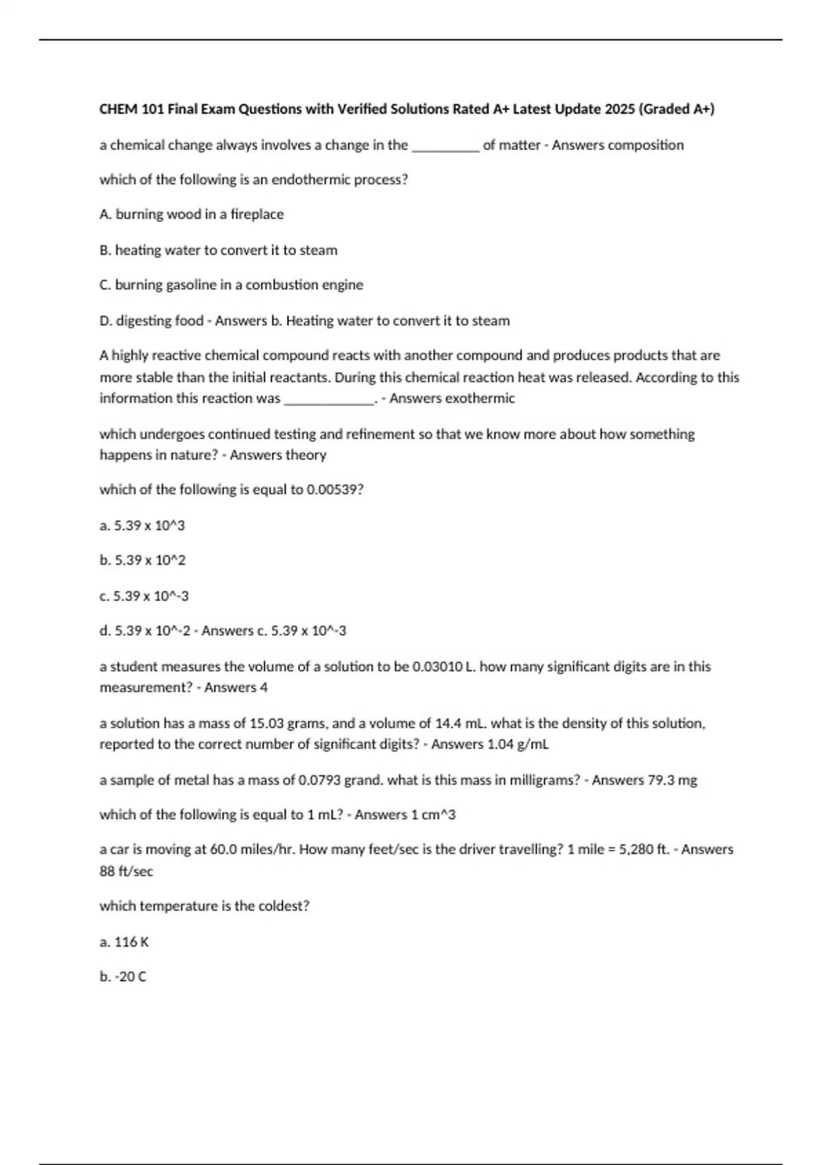 CHEM 101 Final Exam Questions with Verified Solutions Rated A+ Latest ...