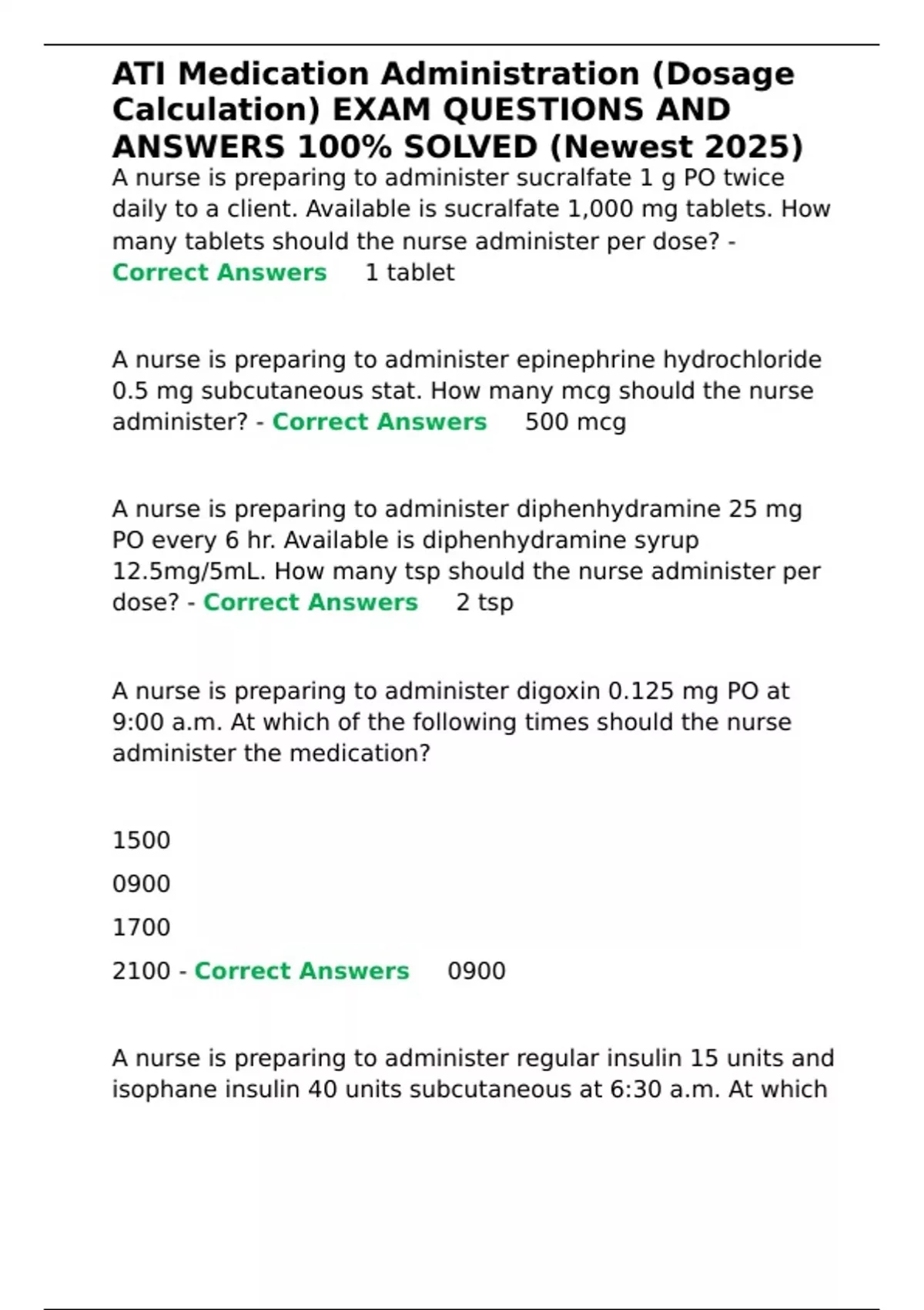 Summary ATI Medication Administration (Dosage Calculation) EXAM ...