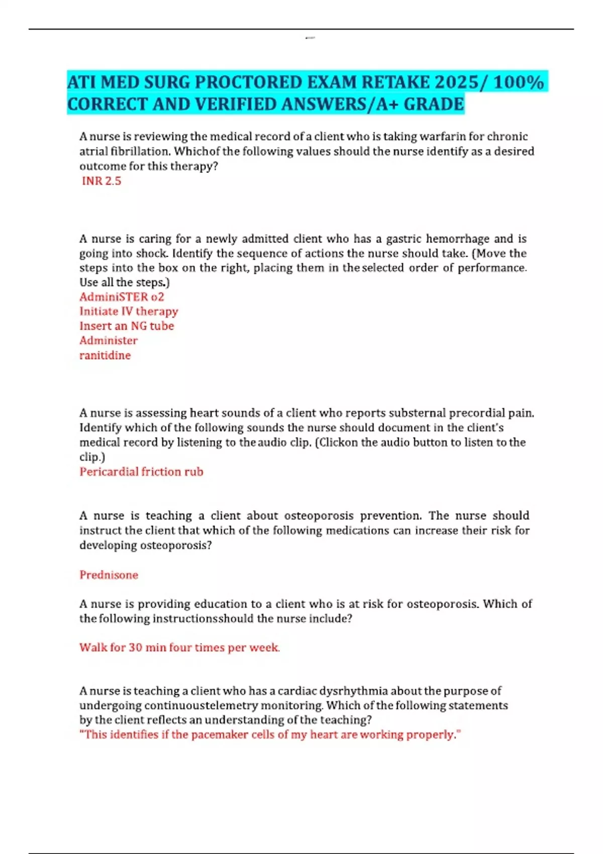 ATI MED SURG PROCTORED EXAM RETAKE 2025/ 100% CORRECT AND VERIFIED ...