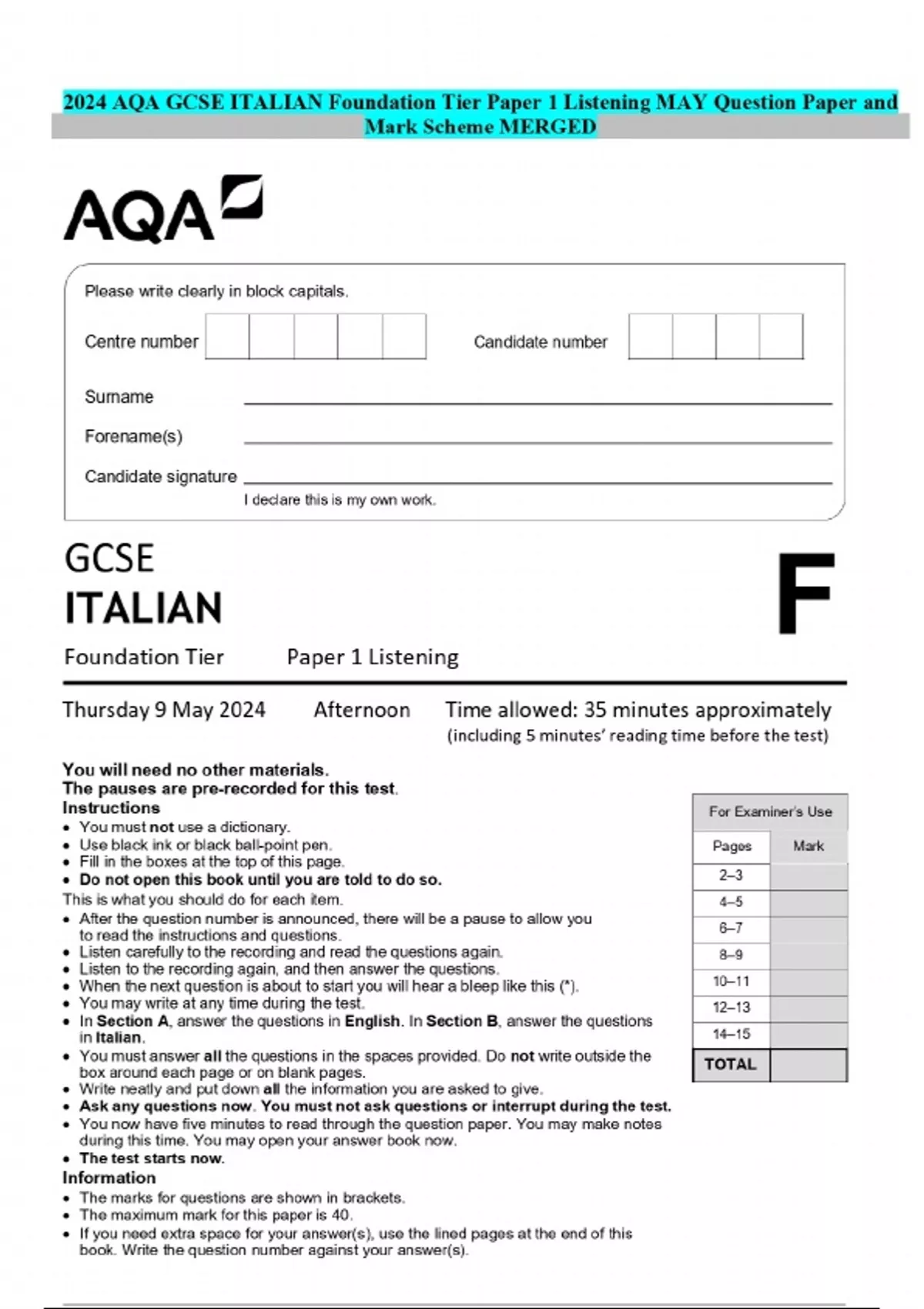 2024 AQA GCSE ITALIAN Foundation Tier Paper 1 Listening MAY Question ...
