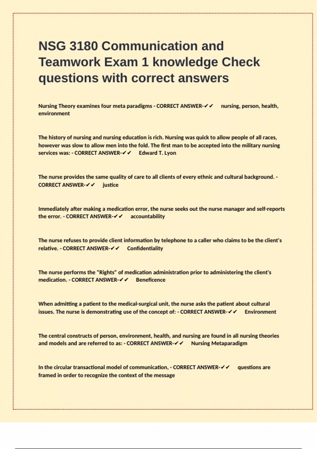 NSG 3180 Communication and Teamwork Exam 1 knowledge Check questions ...