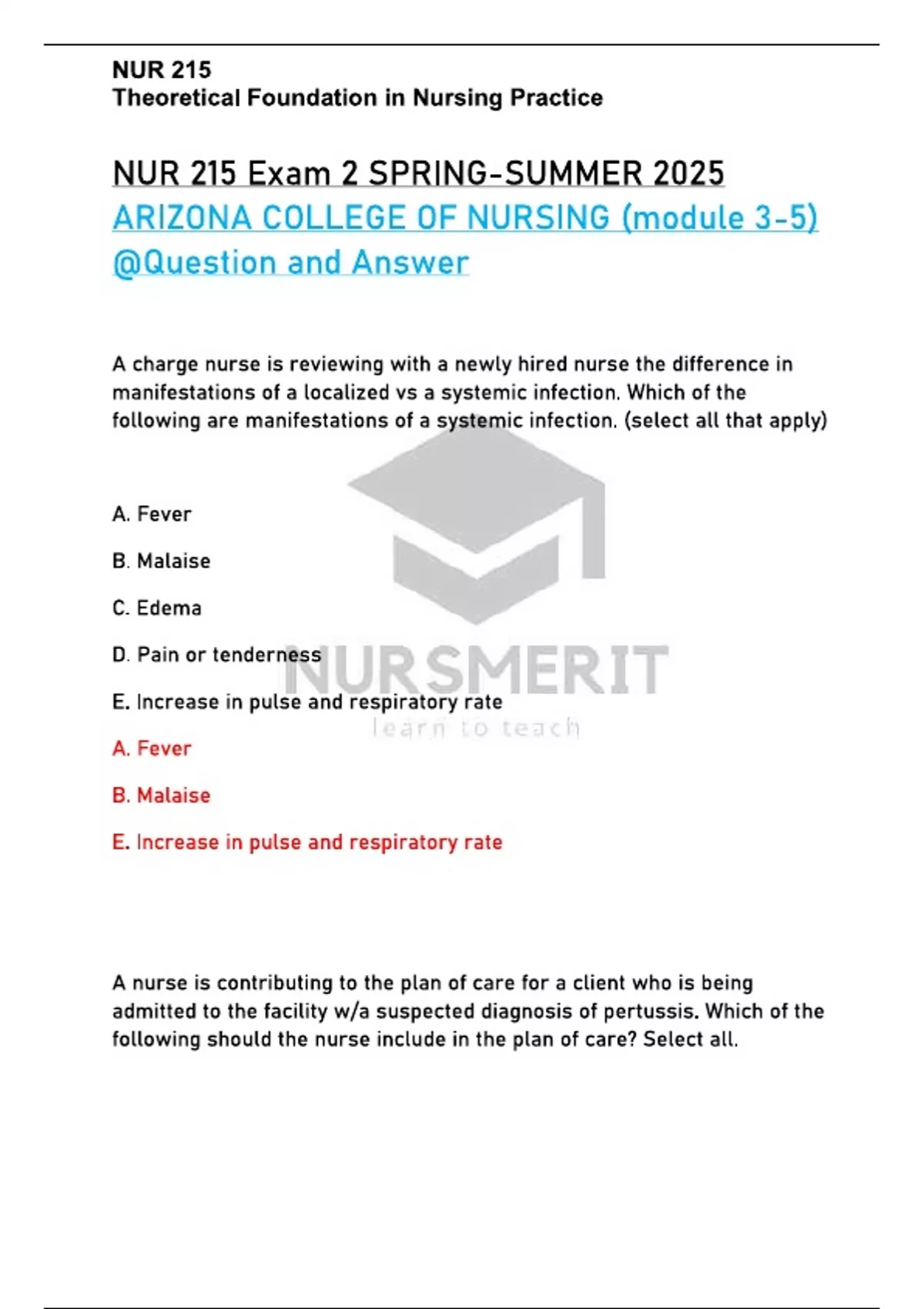 NUR 215 Exam 2 SPRING-SUMMER 2025 ARIZONA COLLEGE OF NURSING (module 3 ...