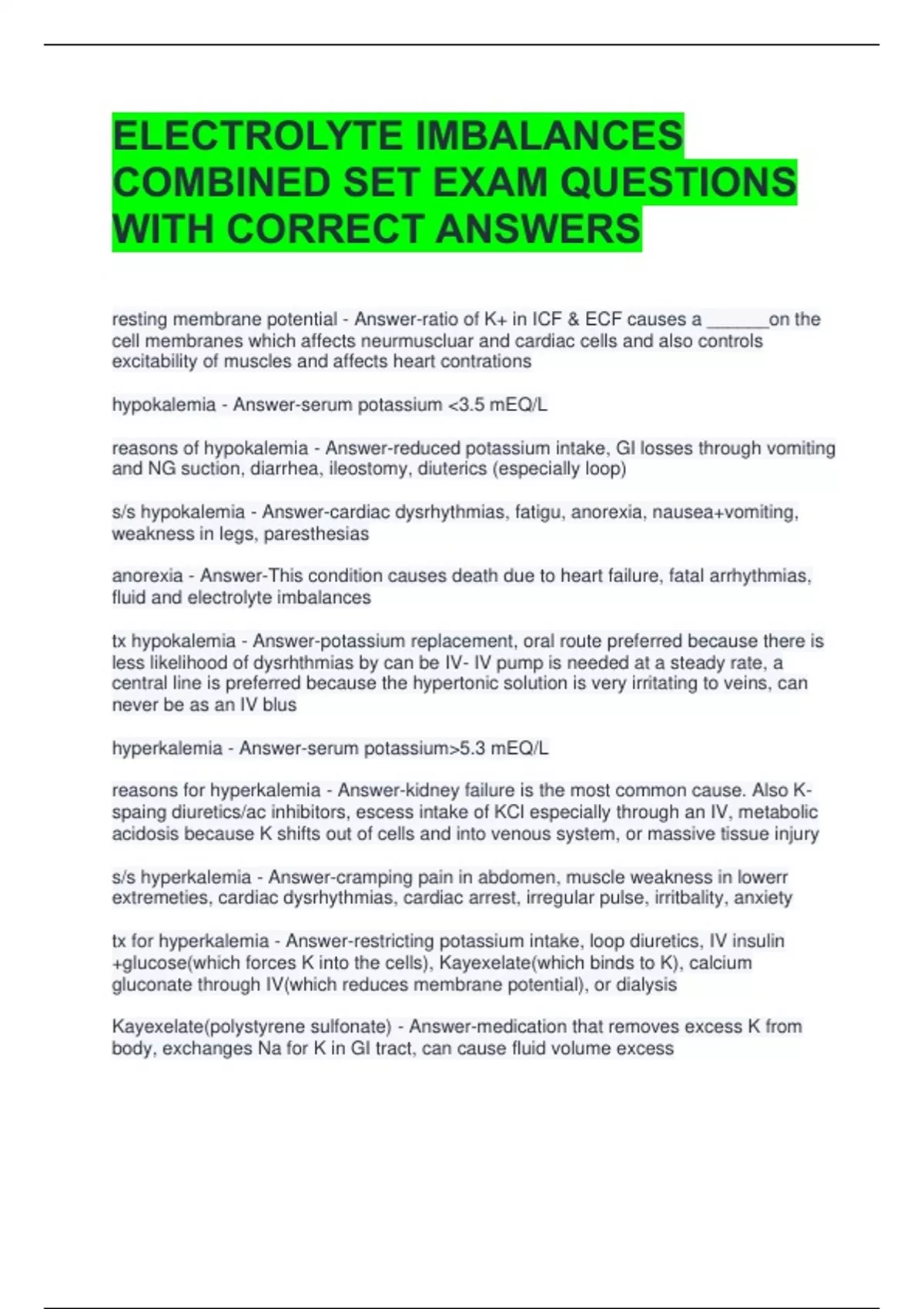 Bundle For ELECTROLYTE IMBALANCES 40 HOUR TRAINING 2025 QUESTIONS AND ...