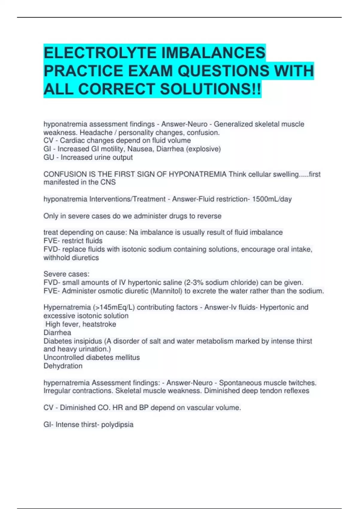 ELECTROLYTE IMBALANCES PRACTICE EXAM QUESTIONS WITH ALL CORRECT ...