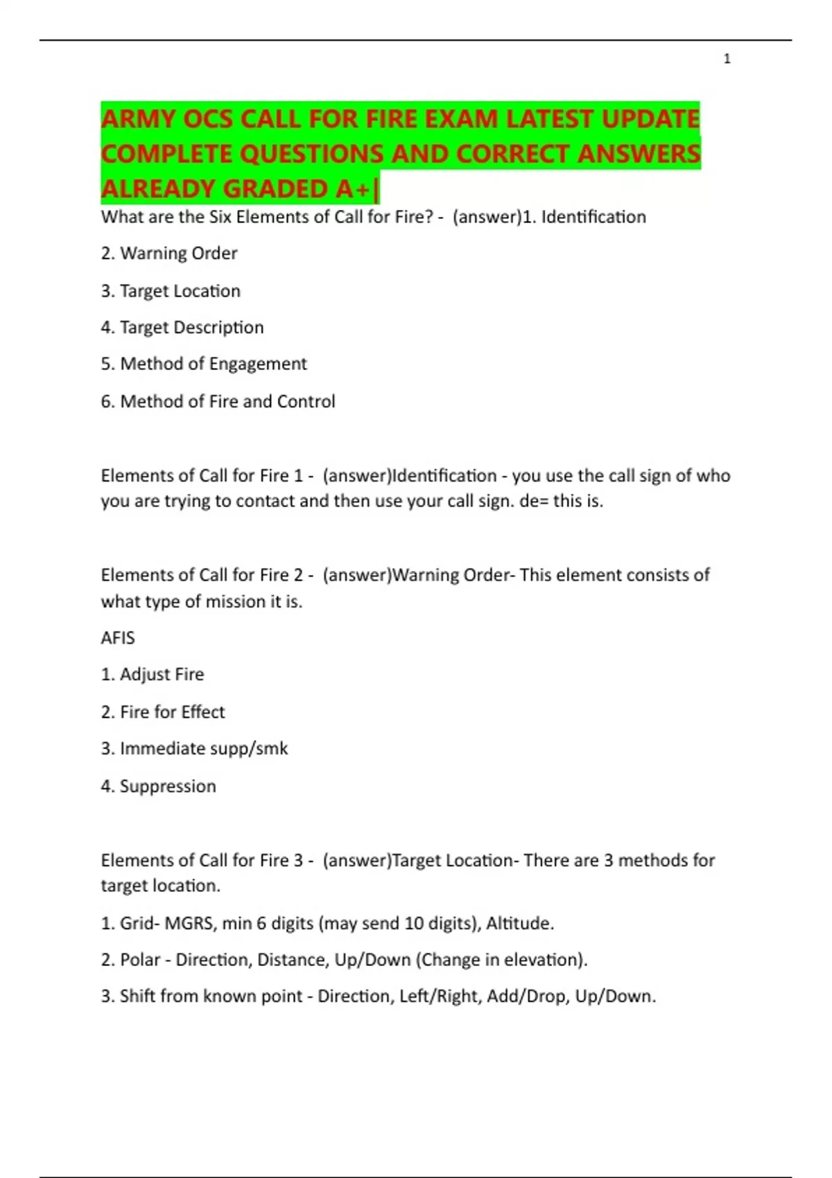 ARMY OCS CALL FOR FIRE EXAM LATEST UPDATE COMPLETE QUESTIONS AND ...