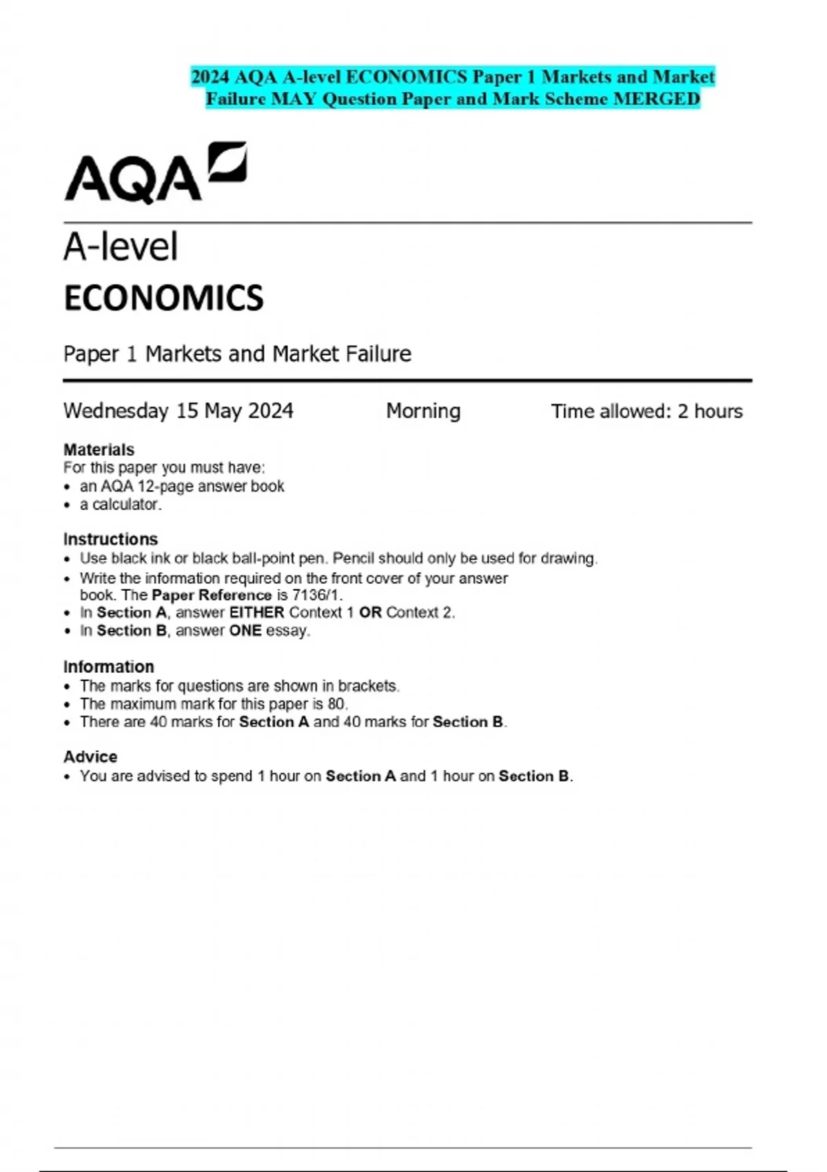 2024 AQA A-level ECONOMICS Paper 1 Markets and Market Failure MAY ...