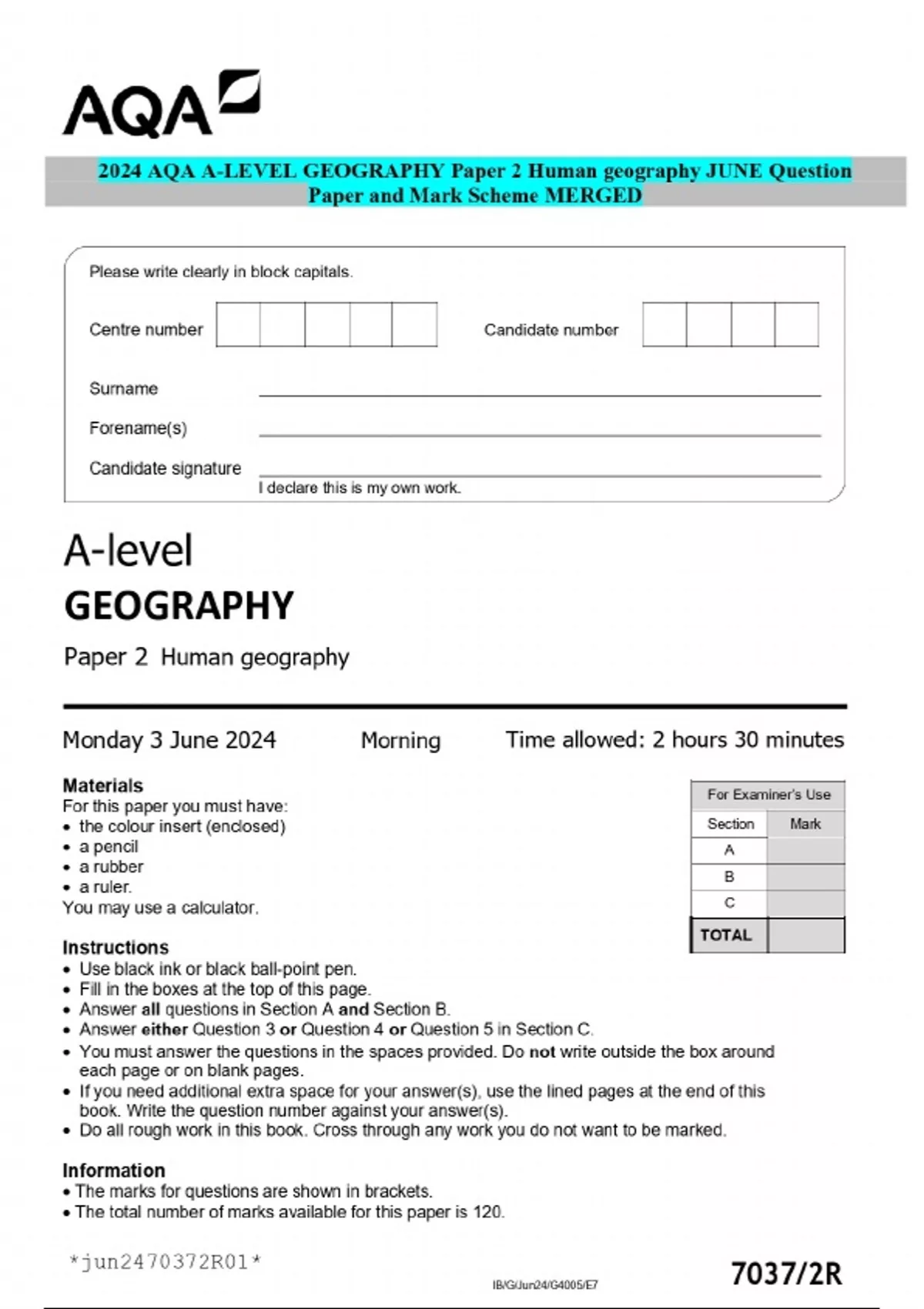 2024 Aqa A Level Geography Paper 2 Human Geography June Question Paper