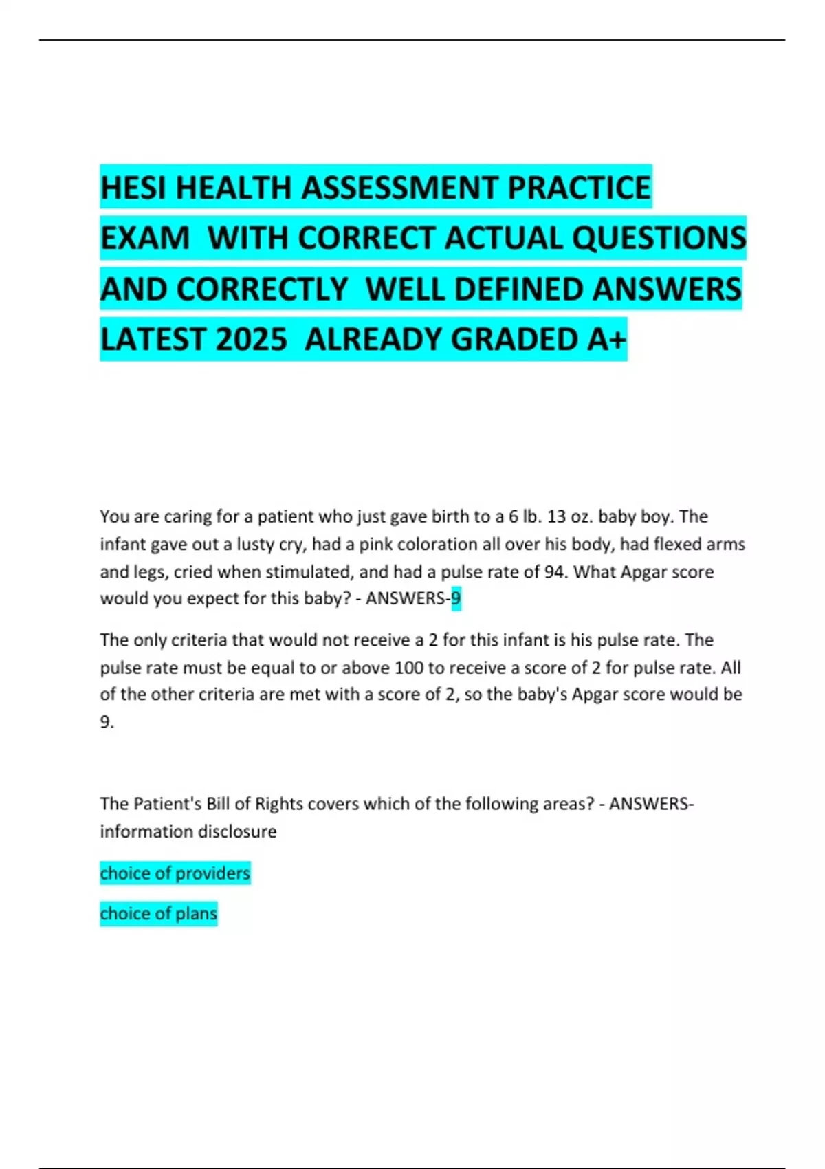 HESI HEALTH ASSESSMENT PRACTICE EXAM WITH CORRECT ACTUAL QUESTIONS AND ...