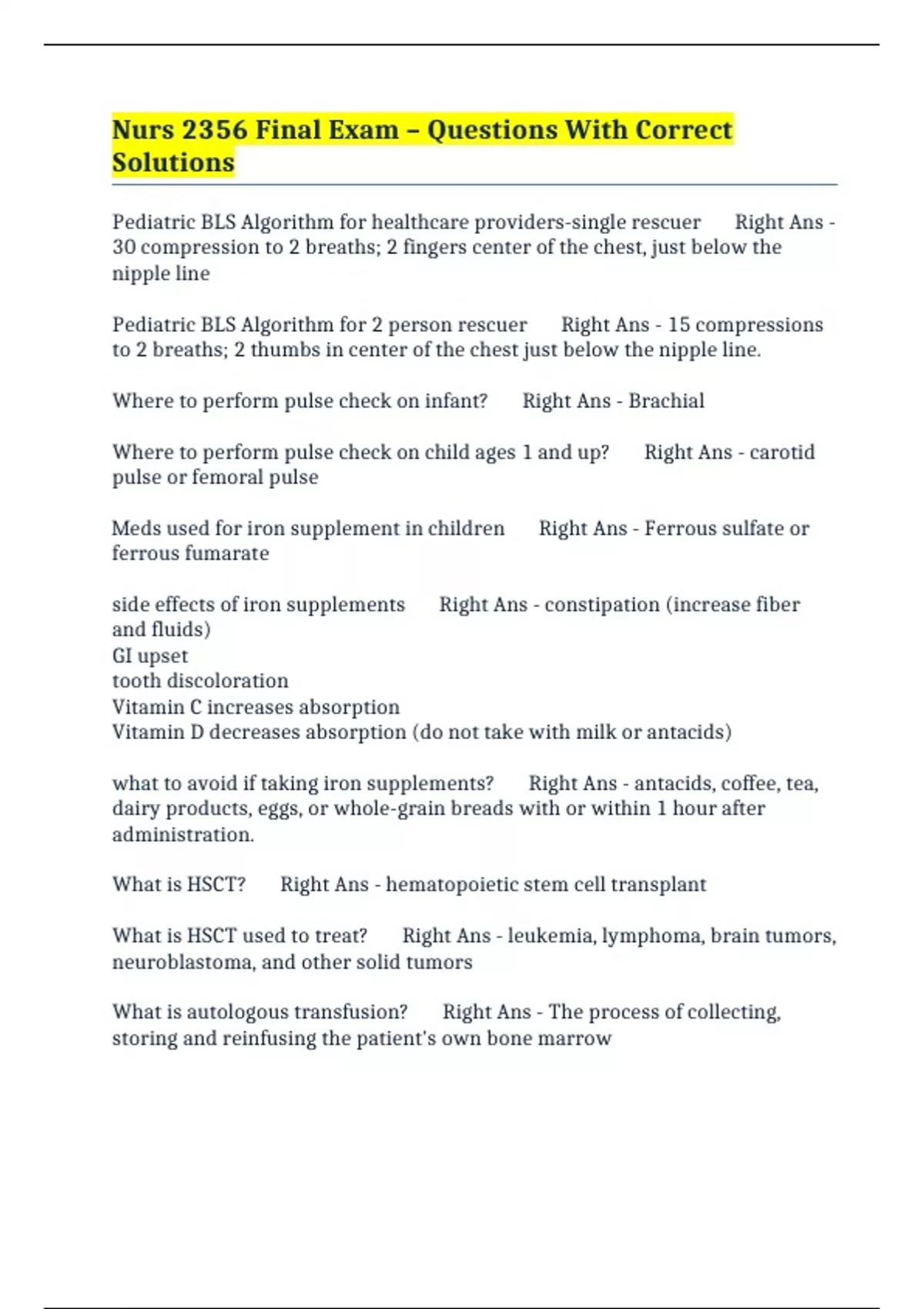 Nurs 2356 Final Exam – Questions With Correct Solutions - NURS 2356 ...