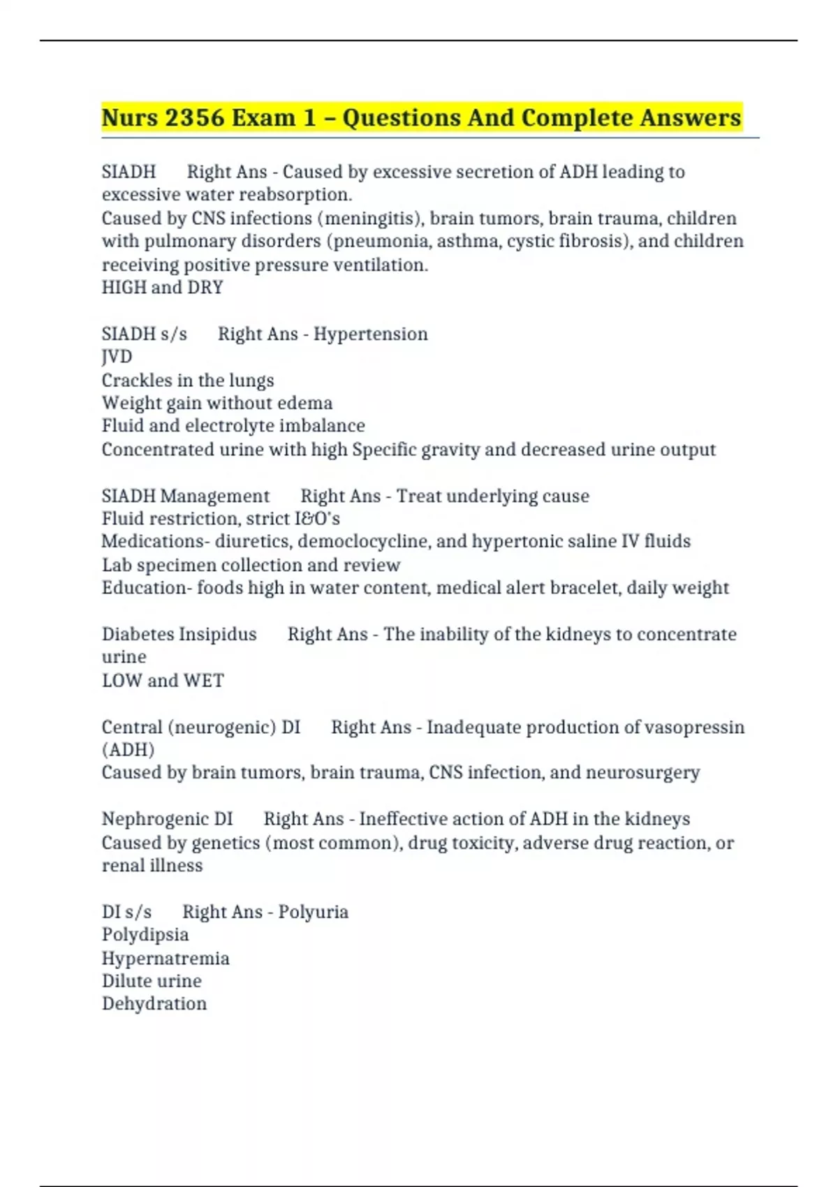 Nurs 2356 Exam 1 – Questions And Complete Answers - NURS 2356 - Stuvia US