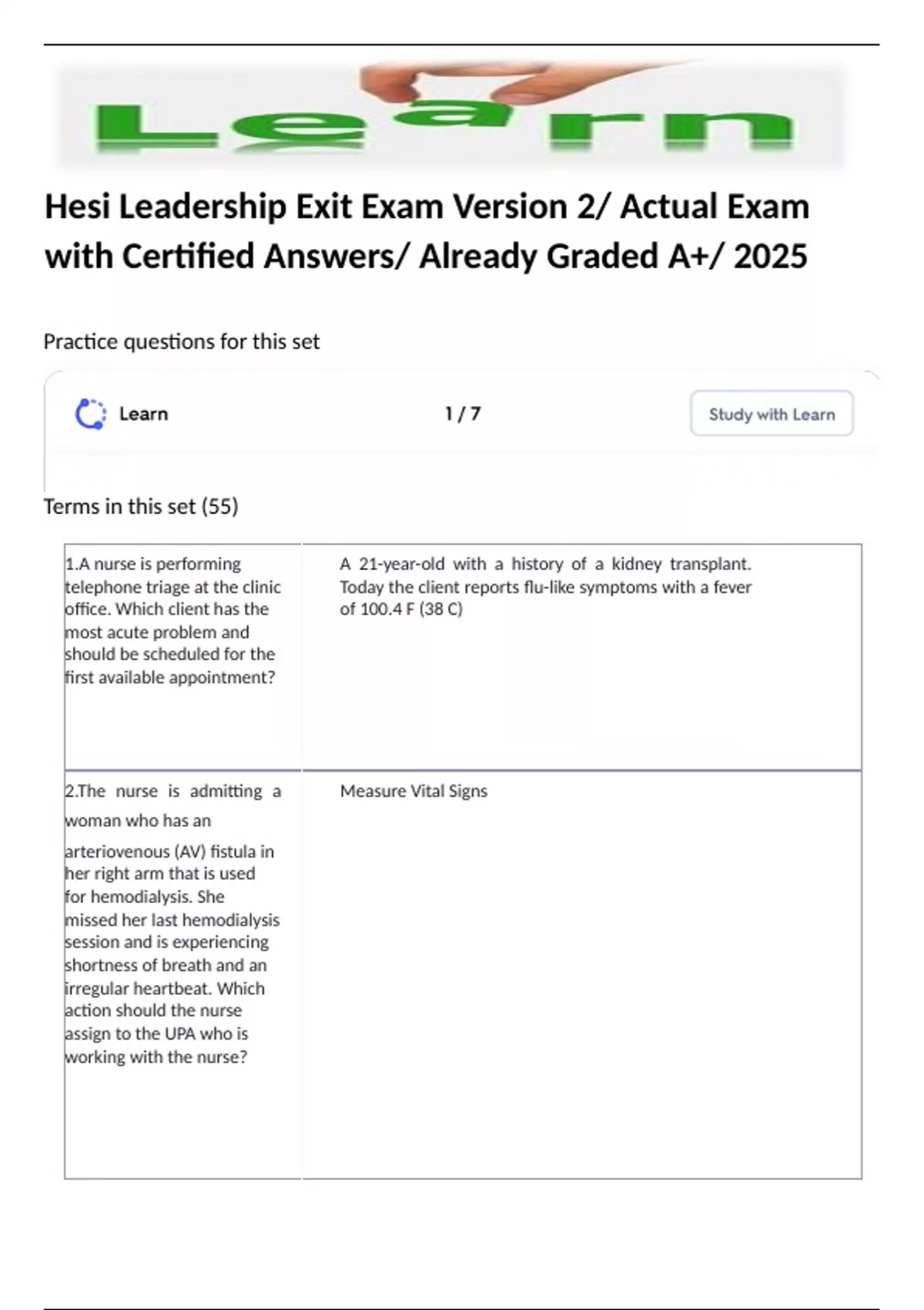 Hesi Leadership Exit Exam Version 2/ Actual Exam with Certified Answers ...
