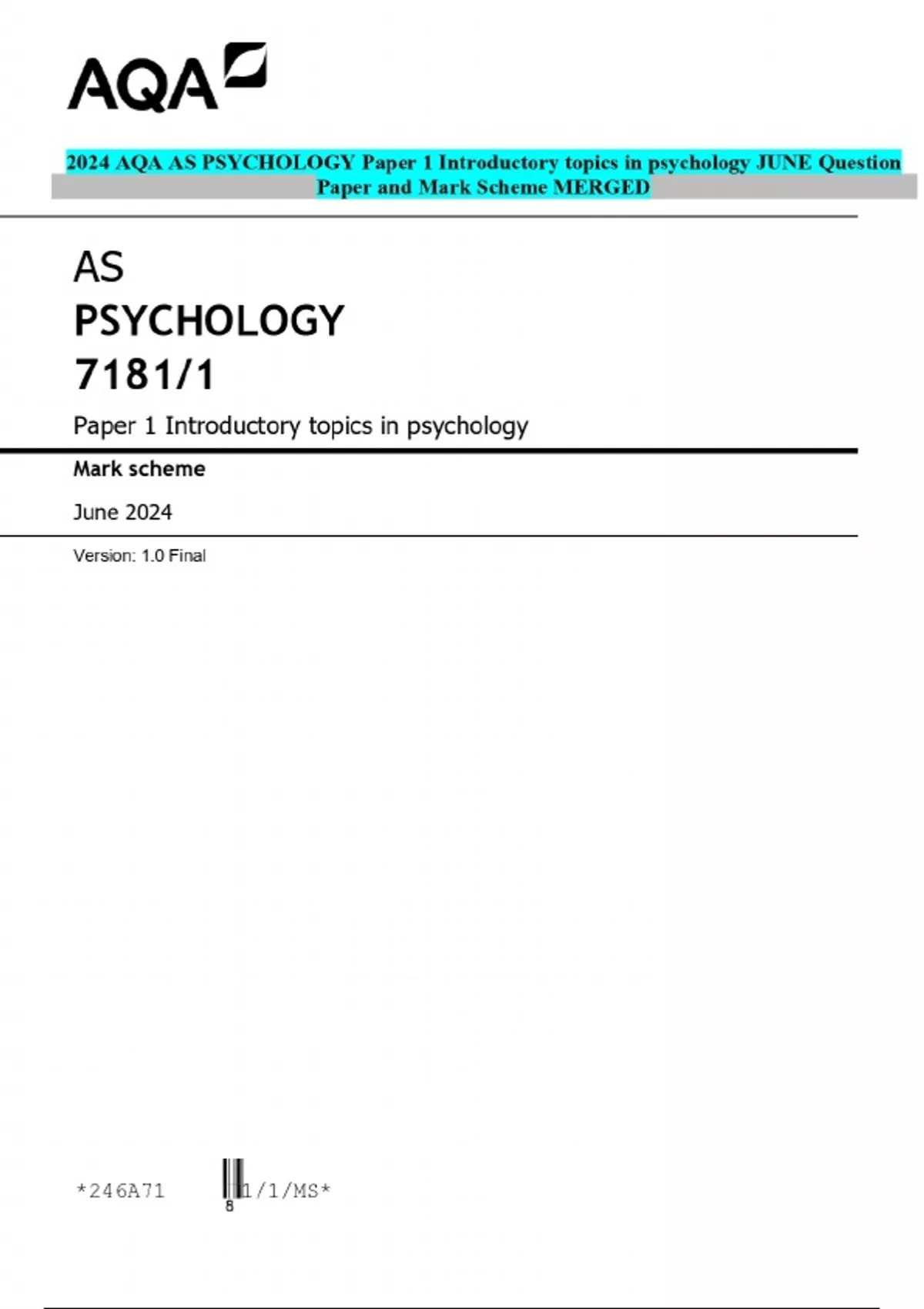 2024 AQA AS PSYCHOLOGY Paper 1 Introductory topics in psychology JUNE ...