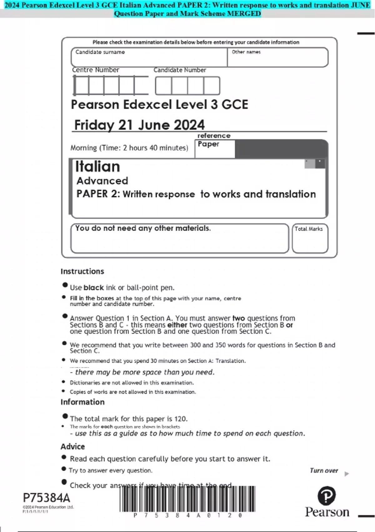 2024 Pearson Edexcel Level 3 GCE Italian Advanced PAPER 2: Written ...