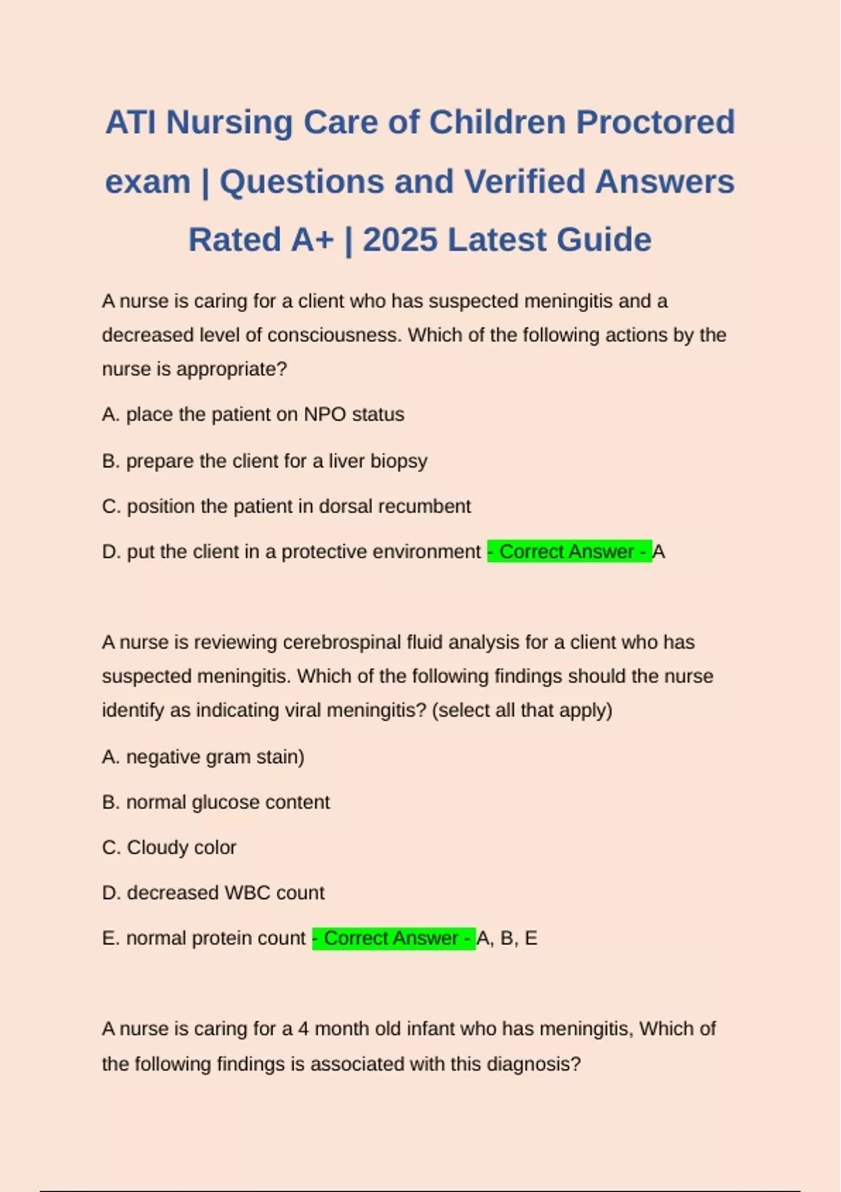 ATI Nursing Care of Children Proctored exam | Questions and Verified ...