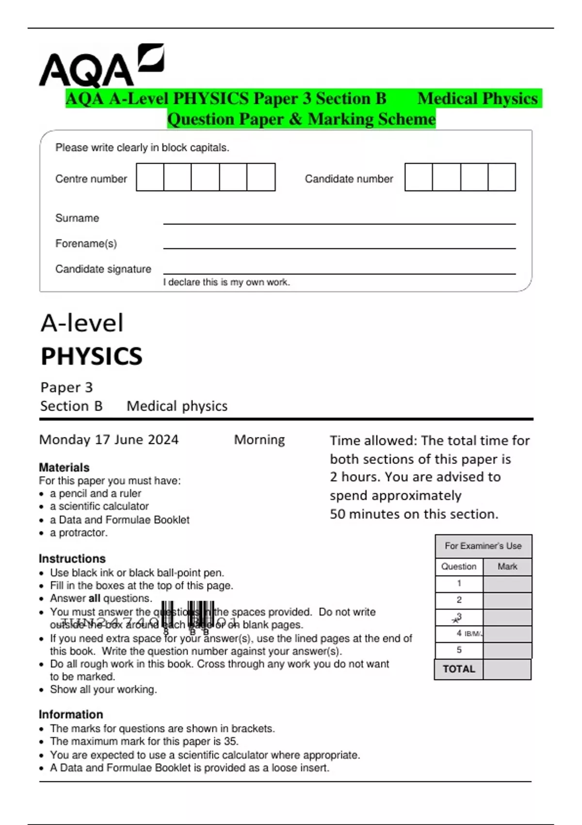 AQA A-Level PHYSICS Paper 3 Section B Medical Physics Question Paper ...