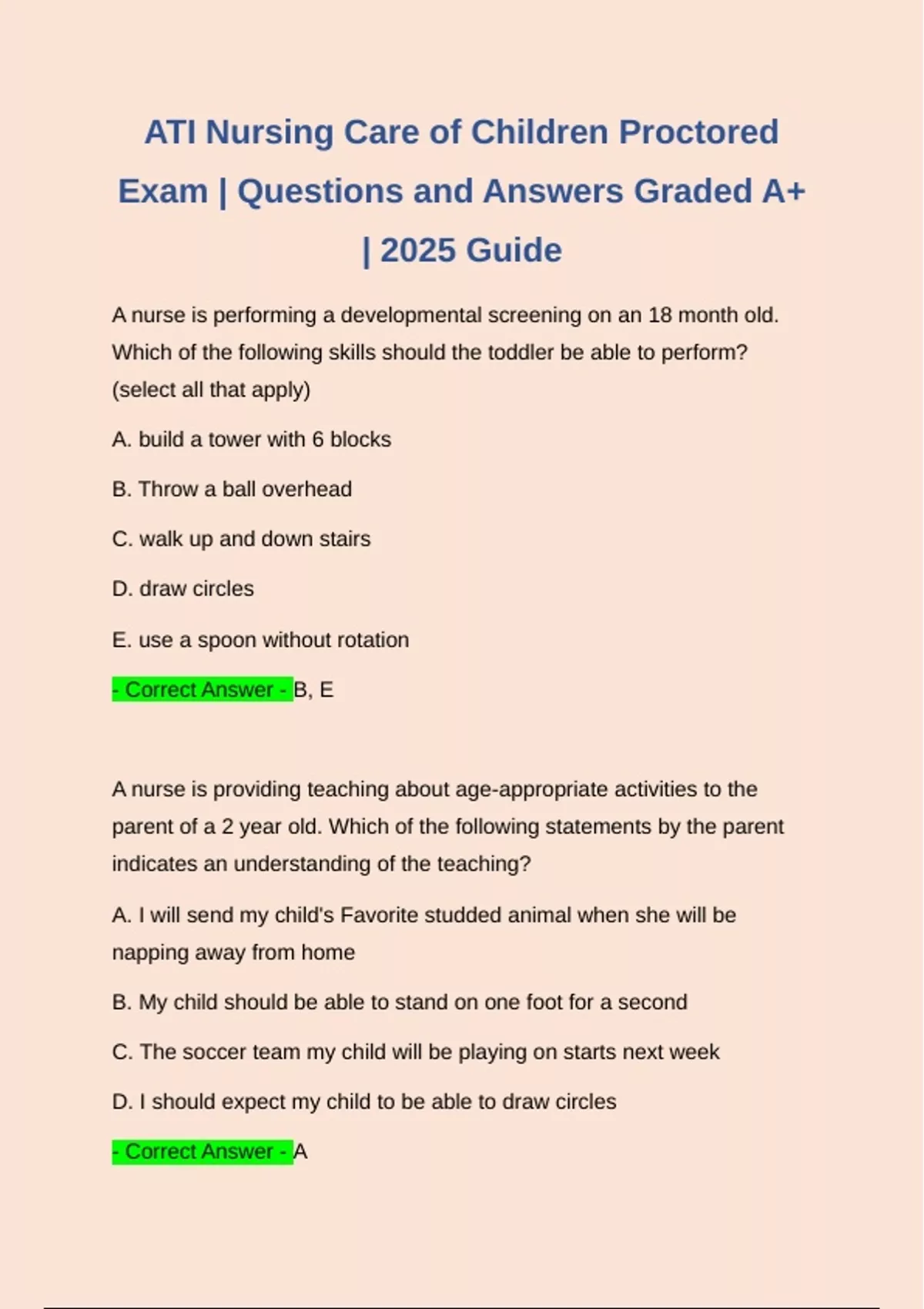 ATI Nursing Care of Children Proctored Exam | Questions and Answers ...