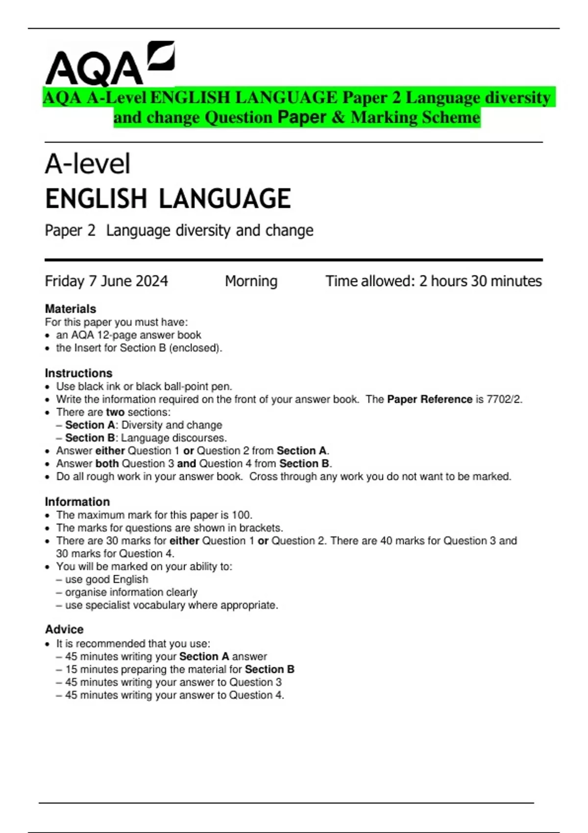 AQA A-Level ENGLISH LANGUAGE Paper 2 Language diversity and change ...