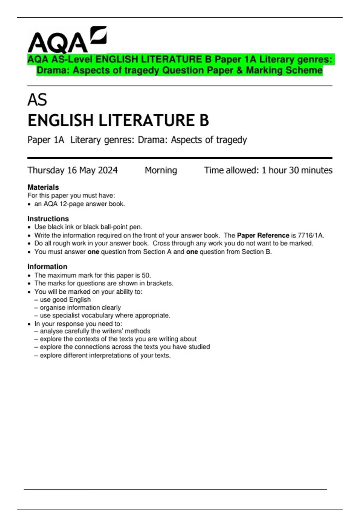 AQA AS-Level ENGLISH LITERATURE B Paper 1A Literary genres: Drama ...