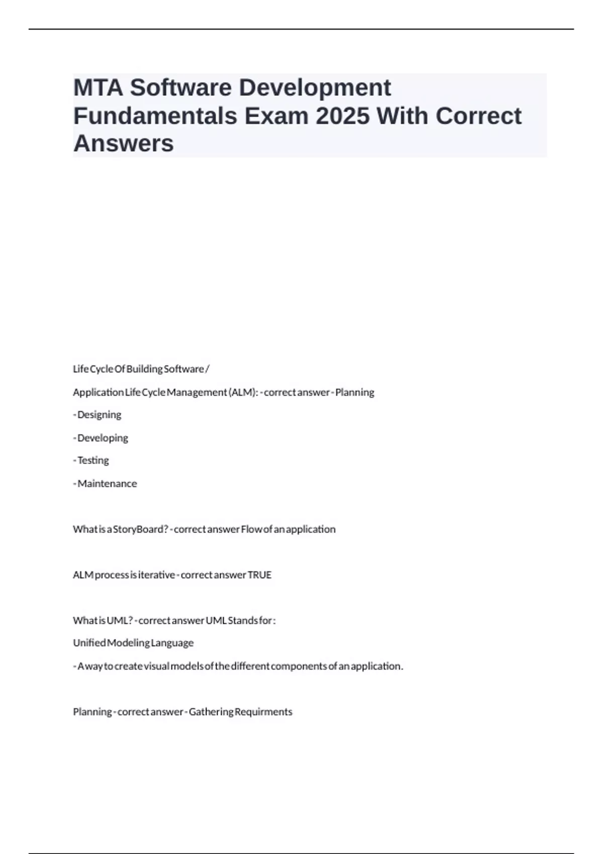 MTA Software Development Fundamentals Exam 2025 With Correct Answers ...