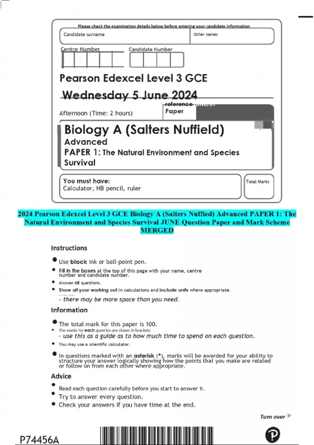 2024 Pearson Edexcel Level 3 GCE Biology A (Salters Nuffied) Advanced ...