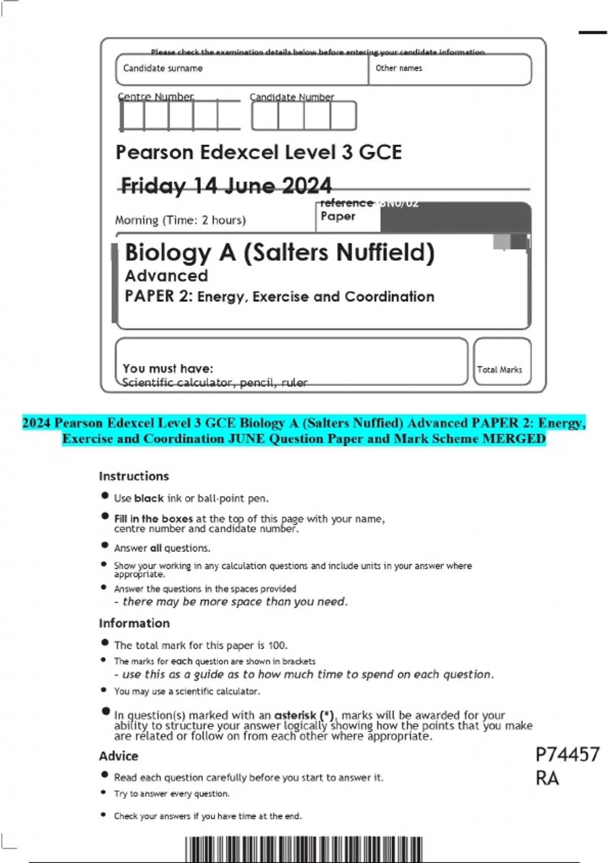 2024 Pearson Edexcel Level 3 GCE Biology A (Salters Nuffied) Advanced ...