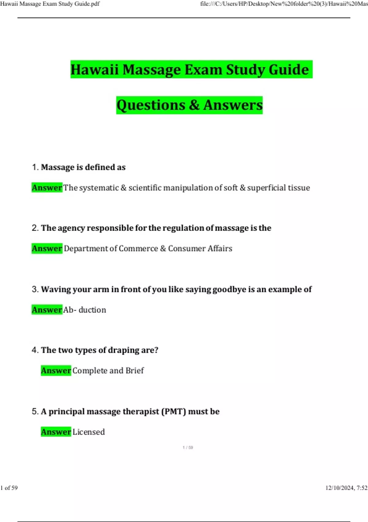 Hawaii Massage Exam 2025 Study Guide Latest Questions & Answers 100% ...