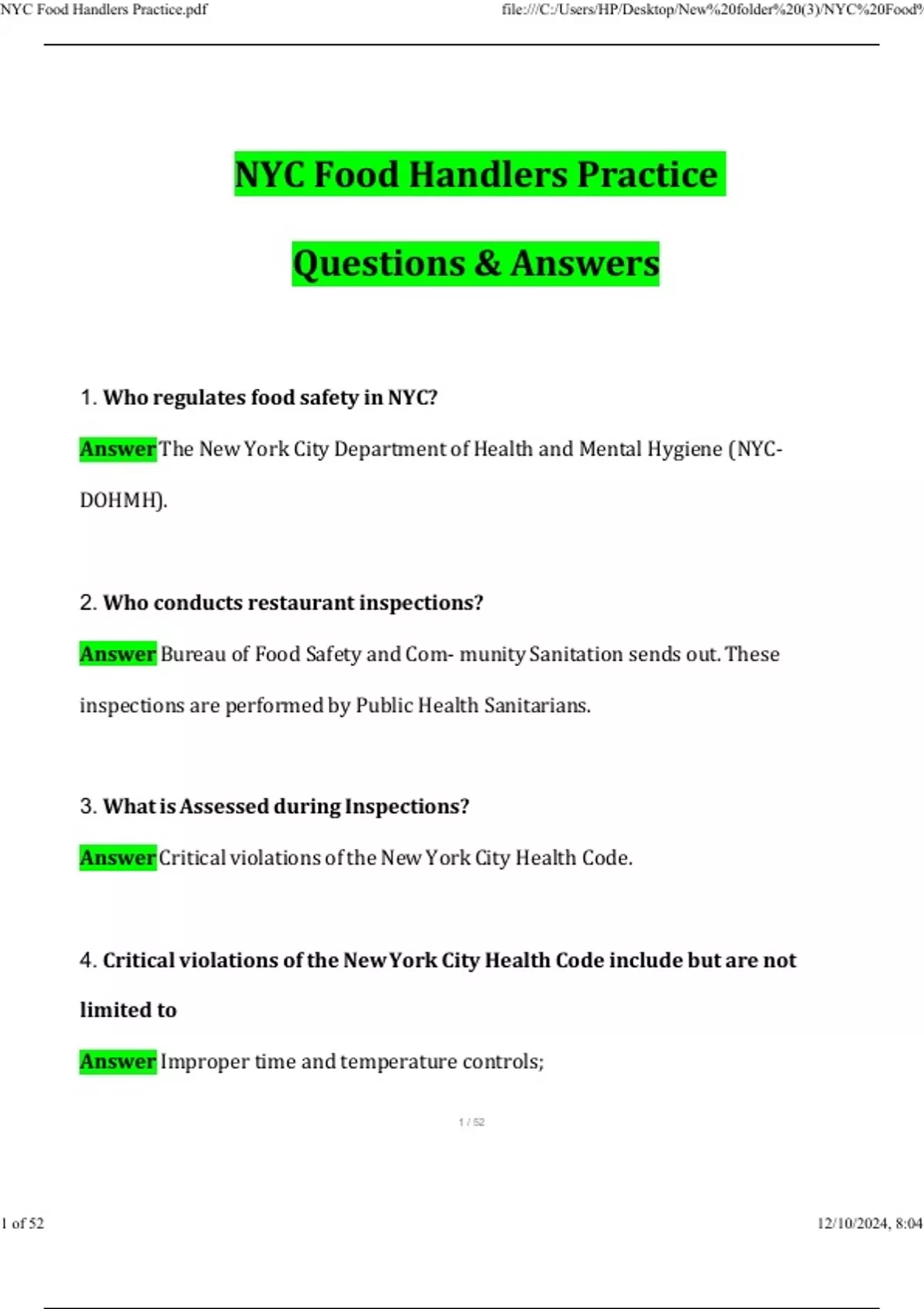 NYC Food Handlers Practice Test 2025 Newest Questions & Answers 100% ...