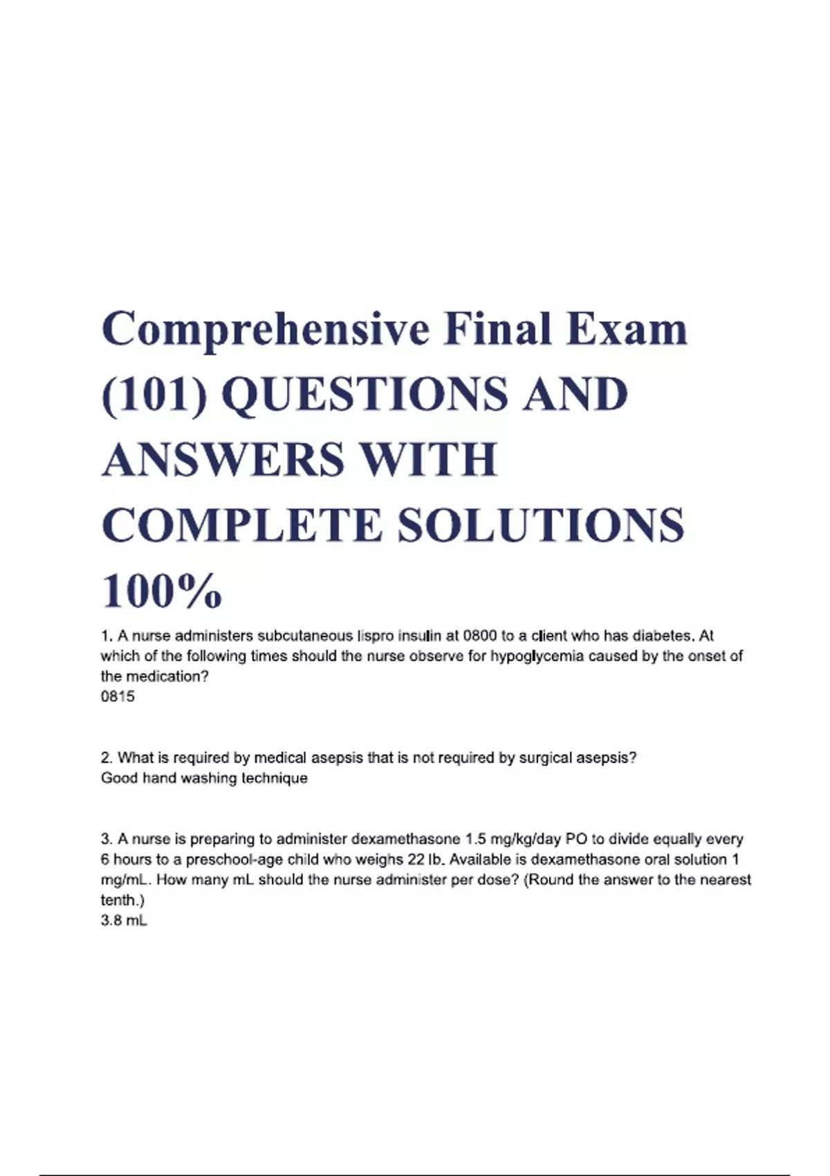 Comprehensive Final Exam (101) QUESTIONS AND ANSWERS WITH COMPLETE ...