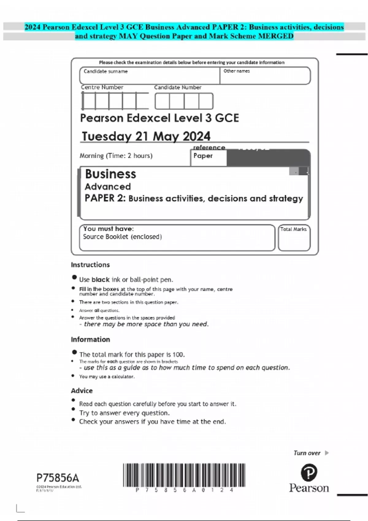 2024 Pearson Edexcel Level 3 GCE Business Advanced PAPER 2: Business ...