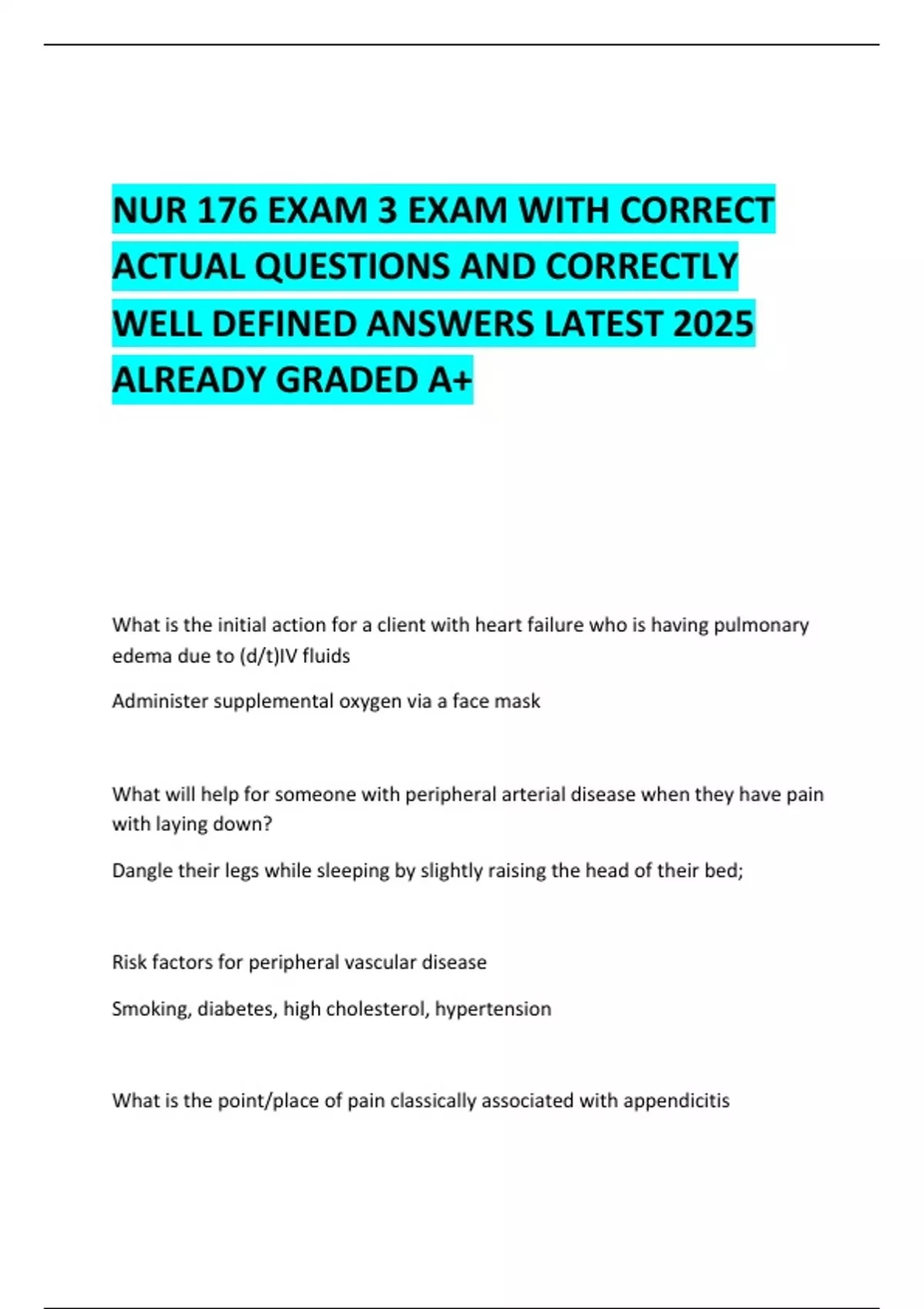 NUR 176 EXAM 3 EXAM WITH CORRECT ACTUAL QUESTIONS AND CORRECTLY WELL ...