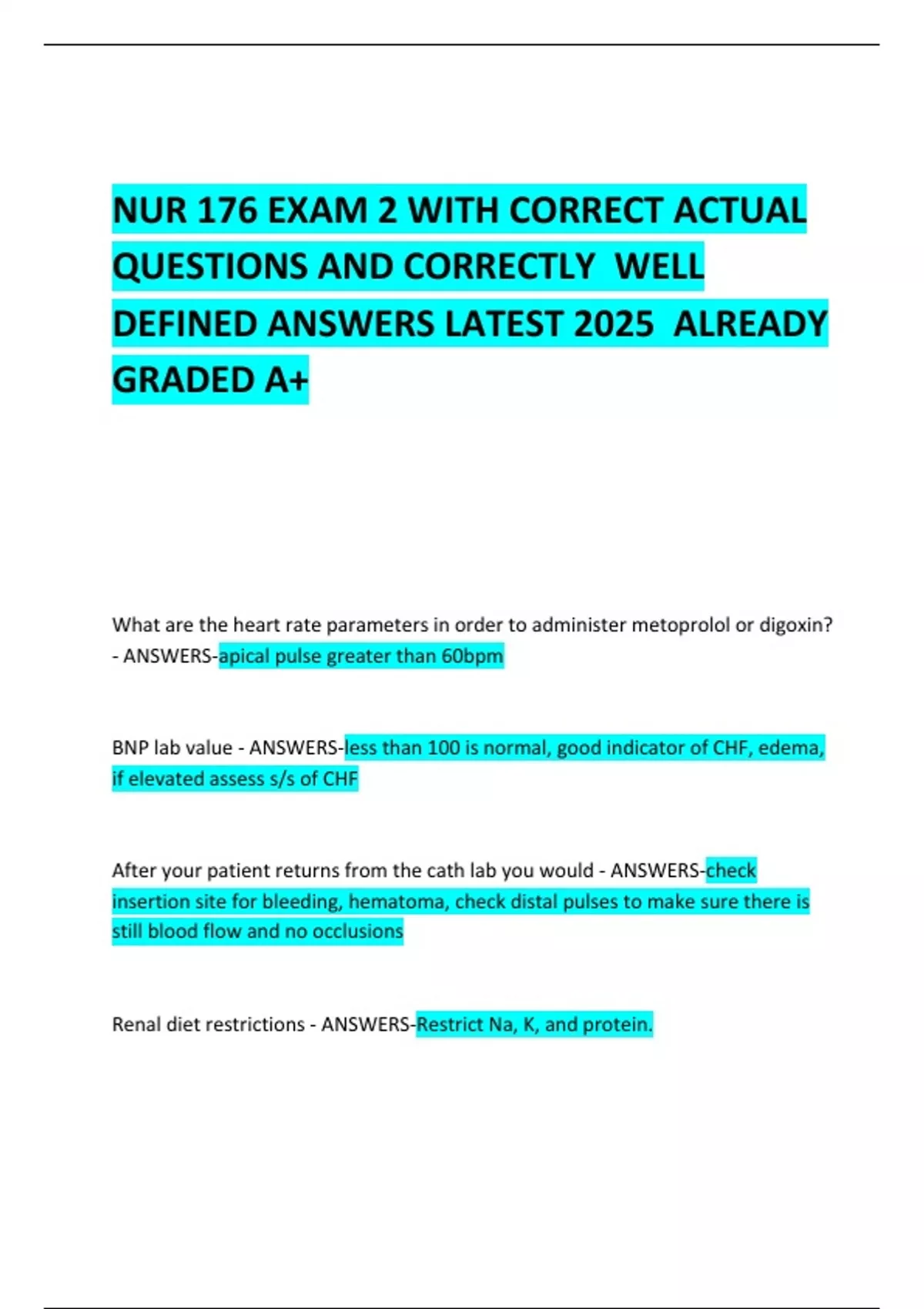 NUR 176 EXAM 2 WITH CORRECT ACTUAL QUESTIONS AND CORRECTLY WELL DEFINED ...