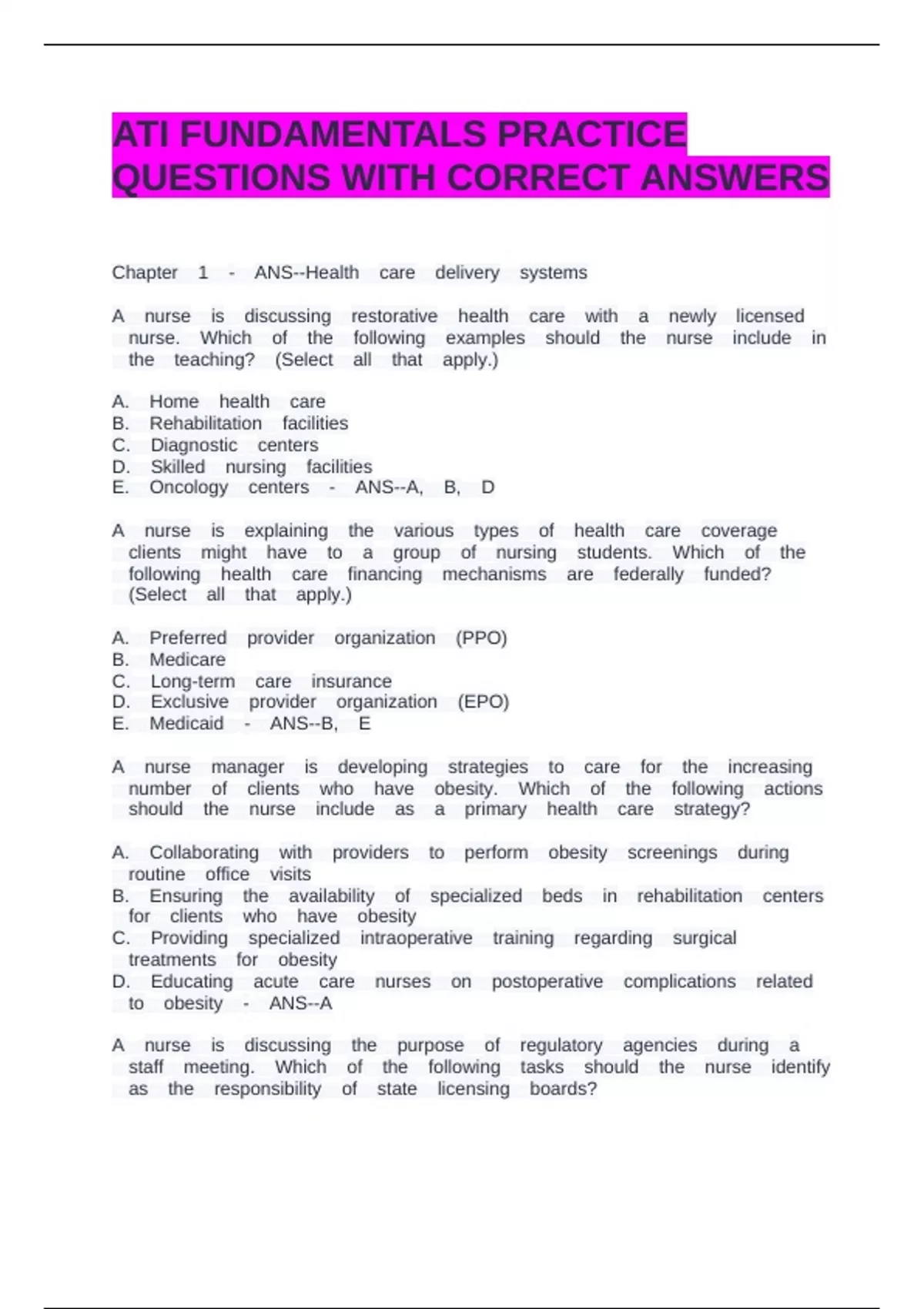 ATI FUNDAMENTALS PRACTICE QUESTIONS WITH CORRECT ANSWERS - Ati ...