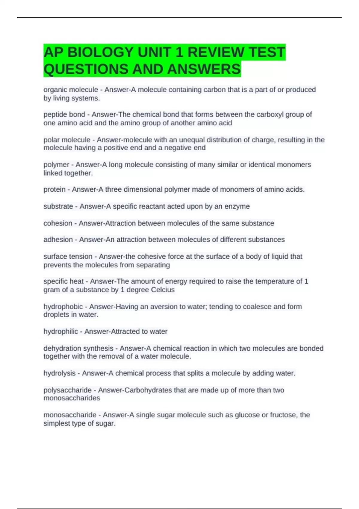 AP BIOLOGY UNIT 1 REVIEW TEST QUESTIONS AND ANSWERS - AP BIOLOGY ...