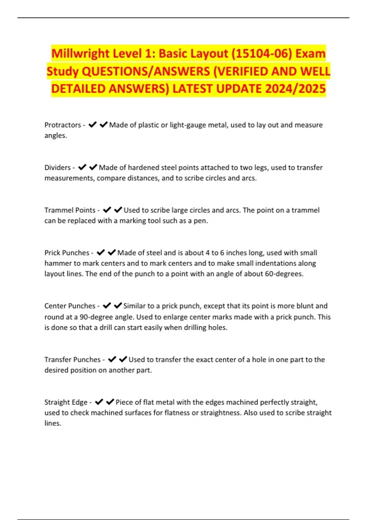 Millwright Sample Math Problem Millwright Level 1: Basic Layout (15104-06) Exam Study QUESTIONS ...