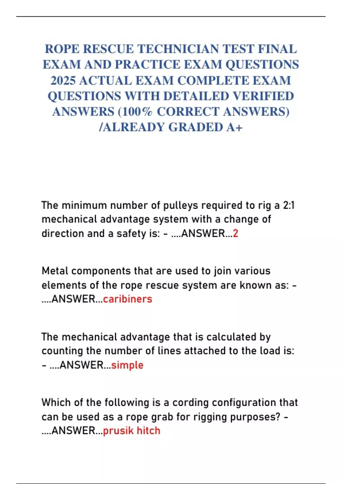 ROPE RESCUE TECHNICIAN TEST FINAL EXAM AND PRACTICE EXAM QUESTIONS 2025 ...