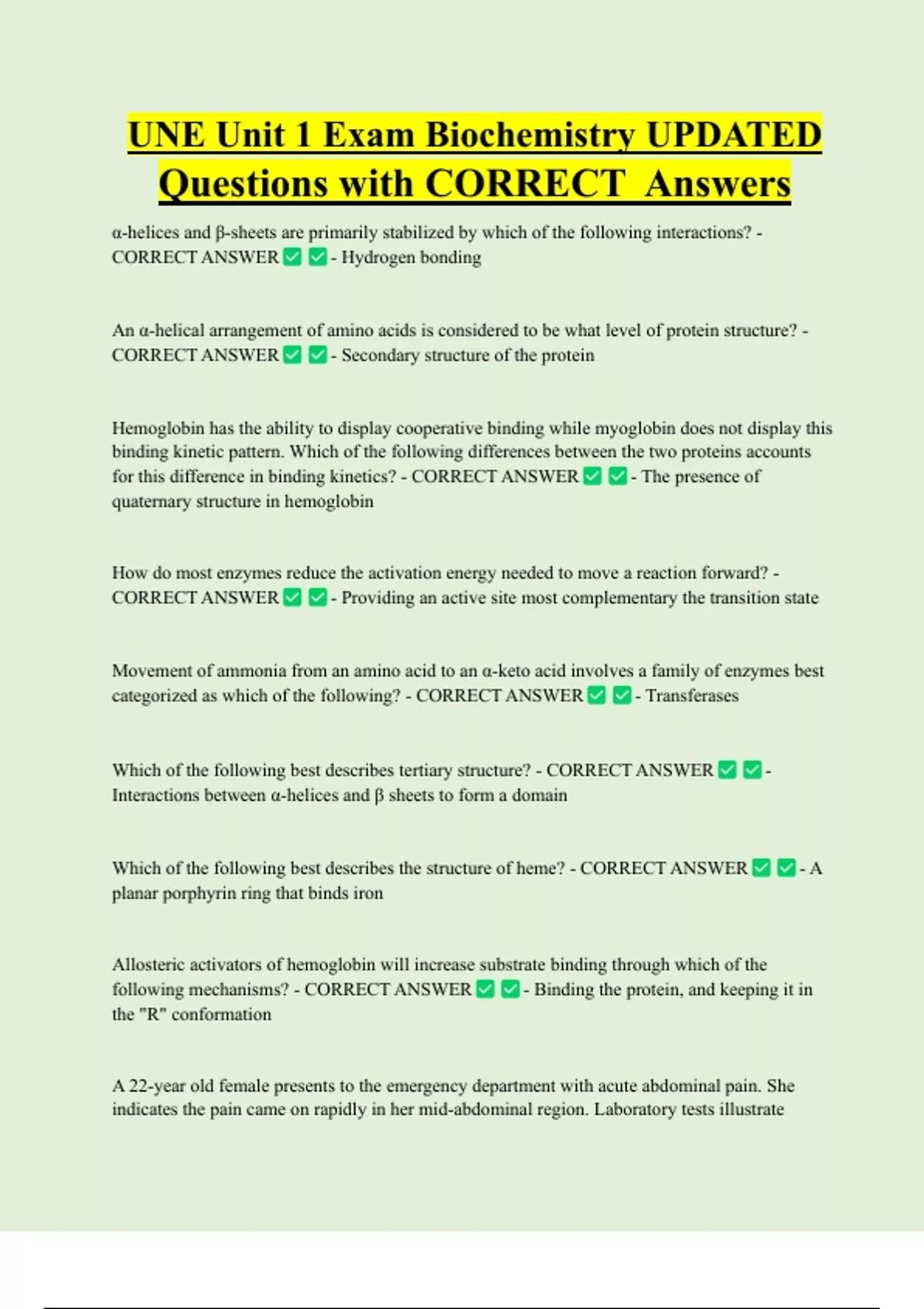 UNE Unit 1 Exam Biochemistry UPDATED Questions with CORRECT Answers ...