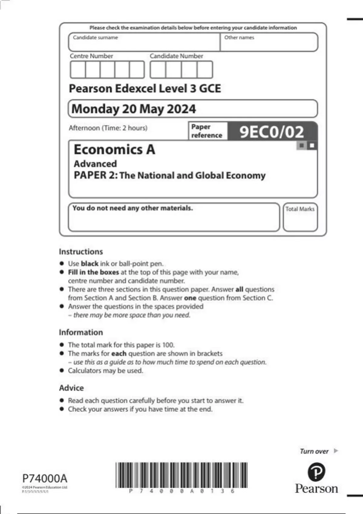 Pearson edexcel a level economics a paper 2 question paper june 2025