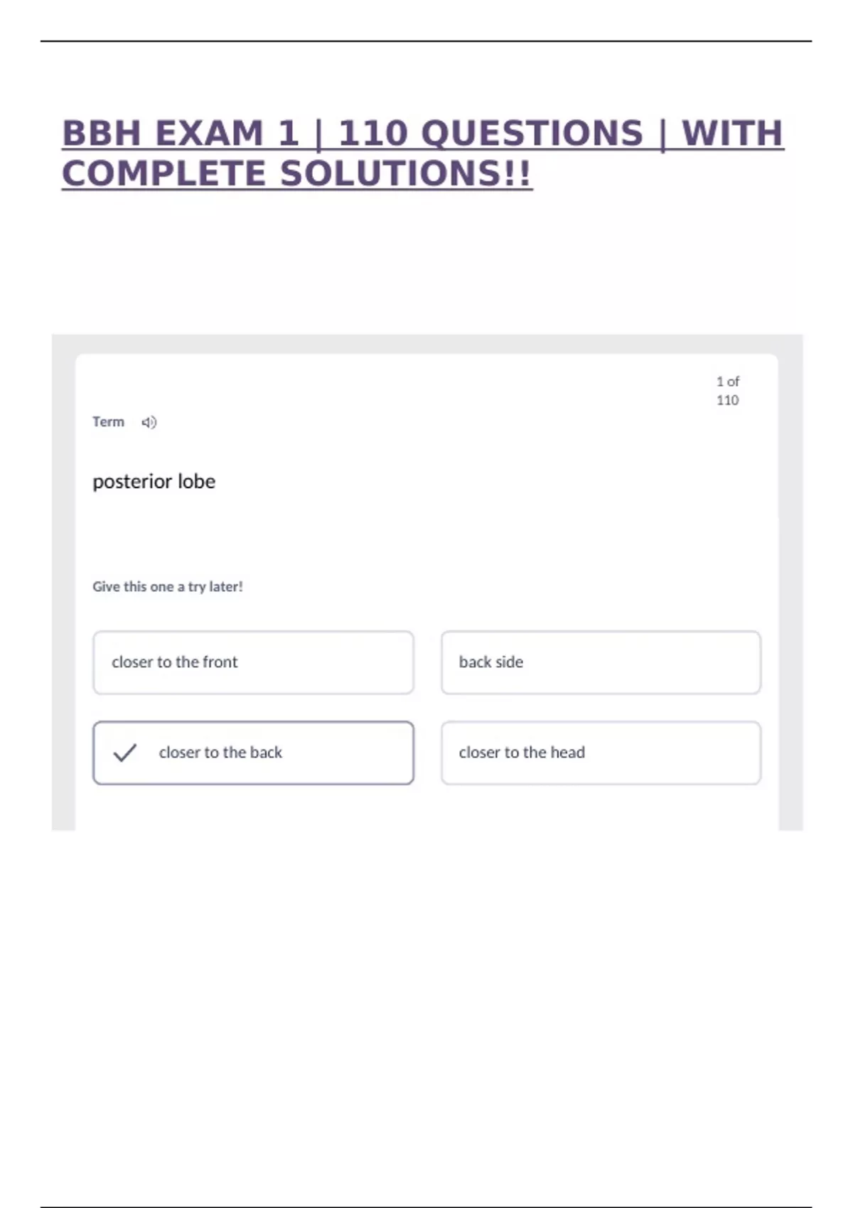BBH EXAM 1 | 110 QUESTIONS | WITH COMPLETE SOLUTIONS!! - BBH - Stuvia US