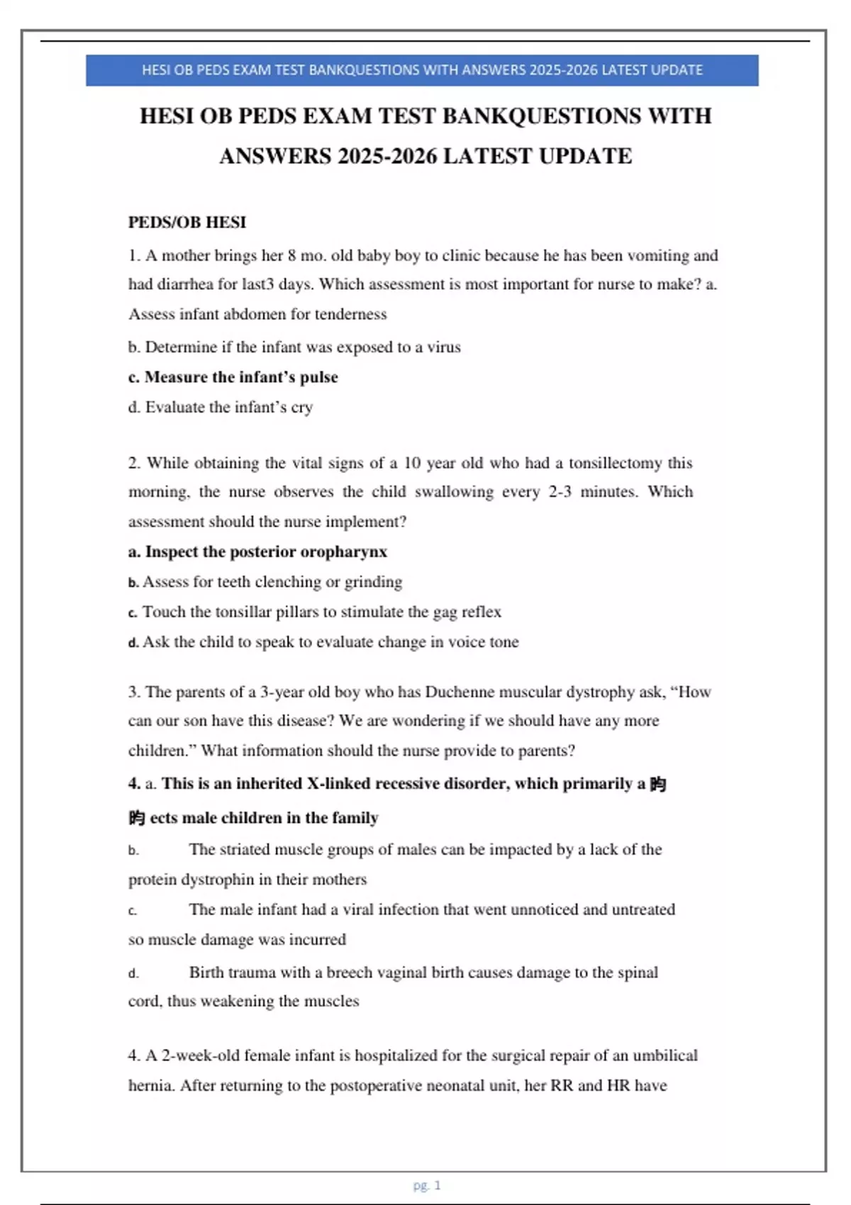 HESI OB PEDS EXAM TEST BANKQUESTIONS WITH ANSWERS LATEST UPDATE - Hesi ...