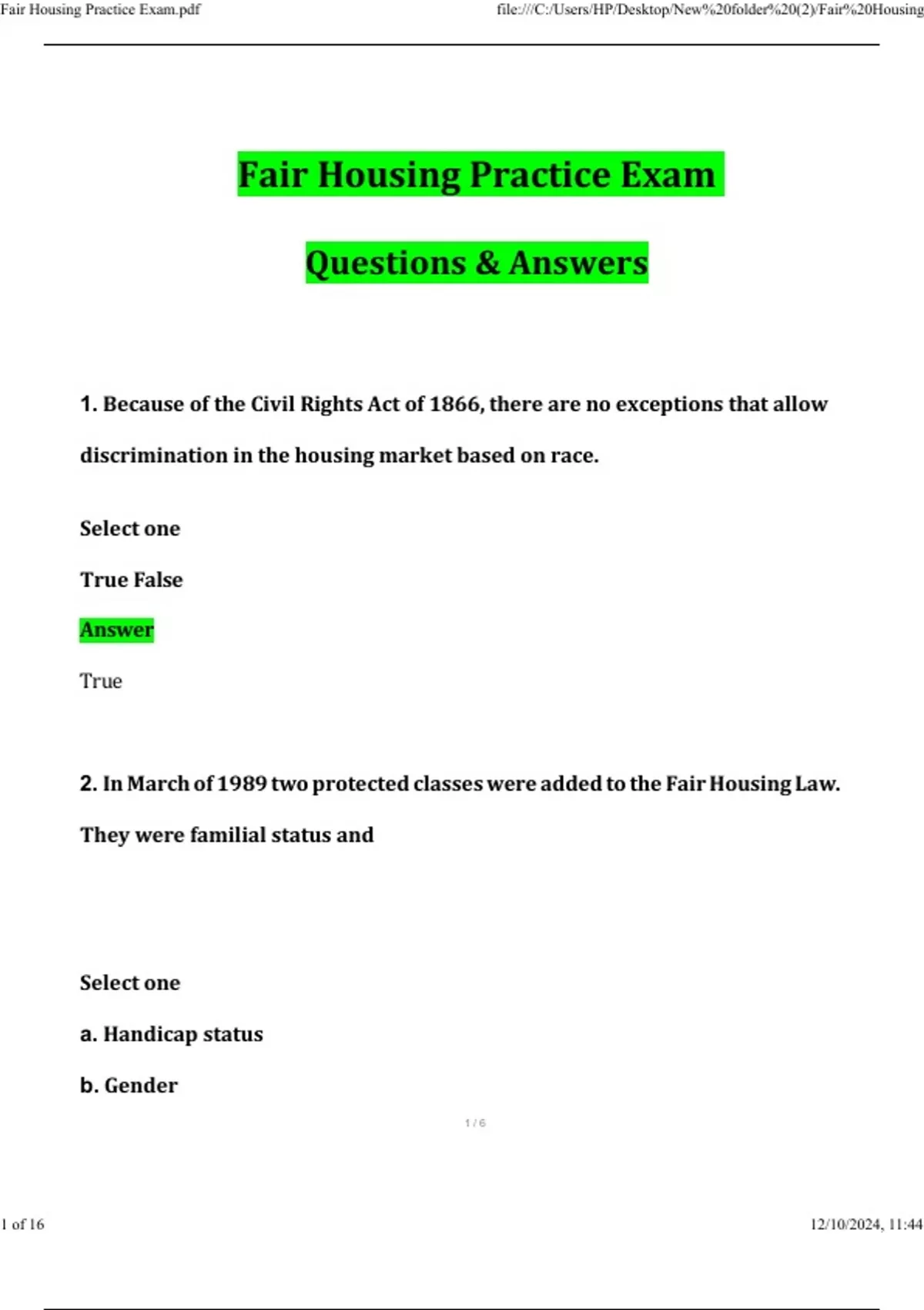 HUD Fair Housing Practice Exam Latest 2025 Questions and Answers (2025 / 2026) (Verified Answers ...