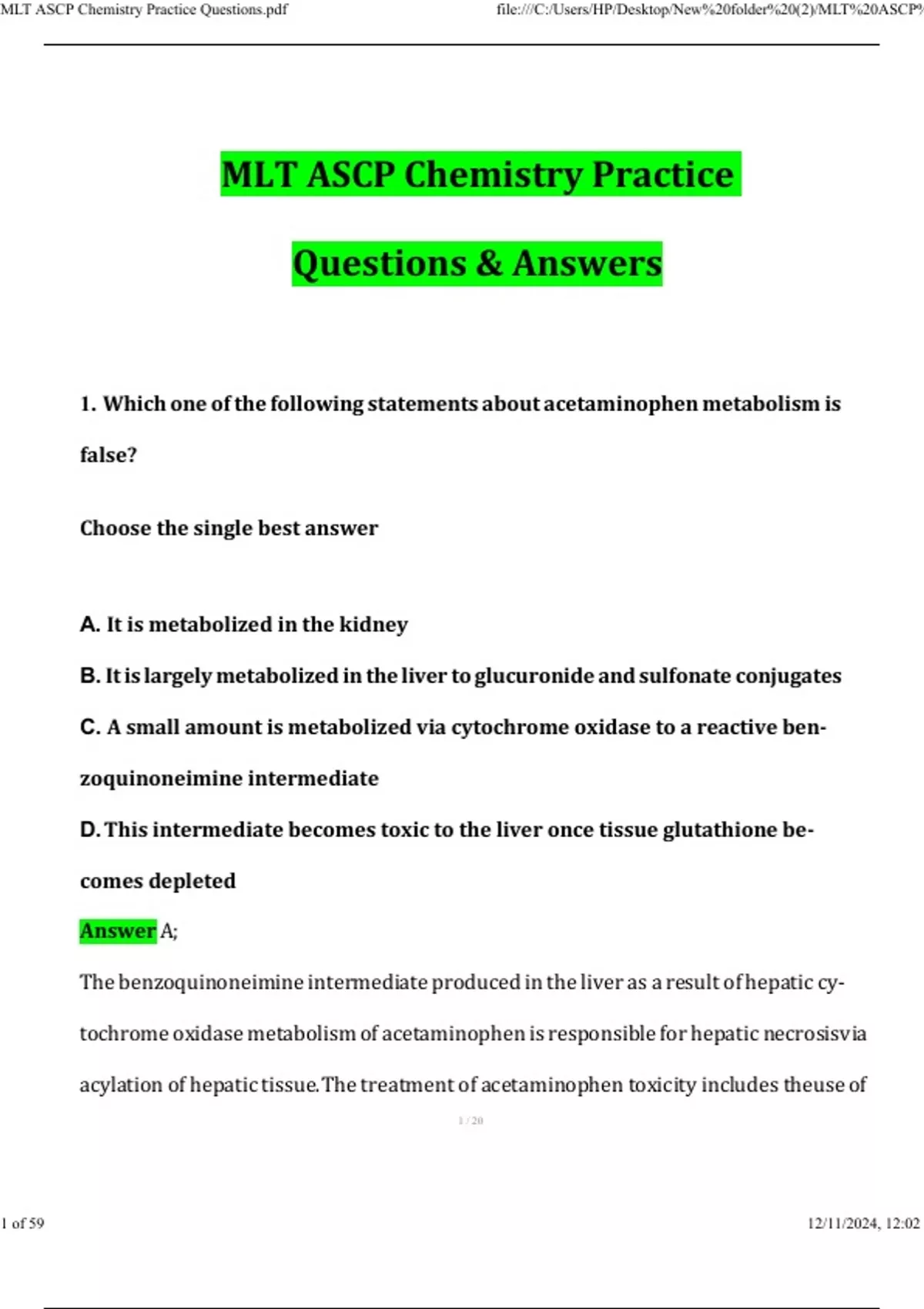 MLT ASCP Chemistry Practice Questions 2025 Questions and Answers (2025 / 2026) (Verified Answers ...