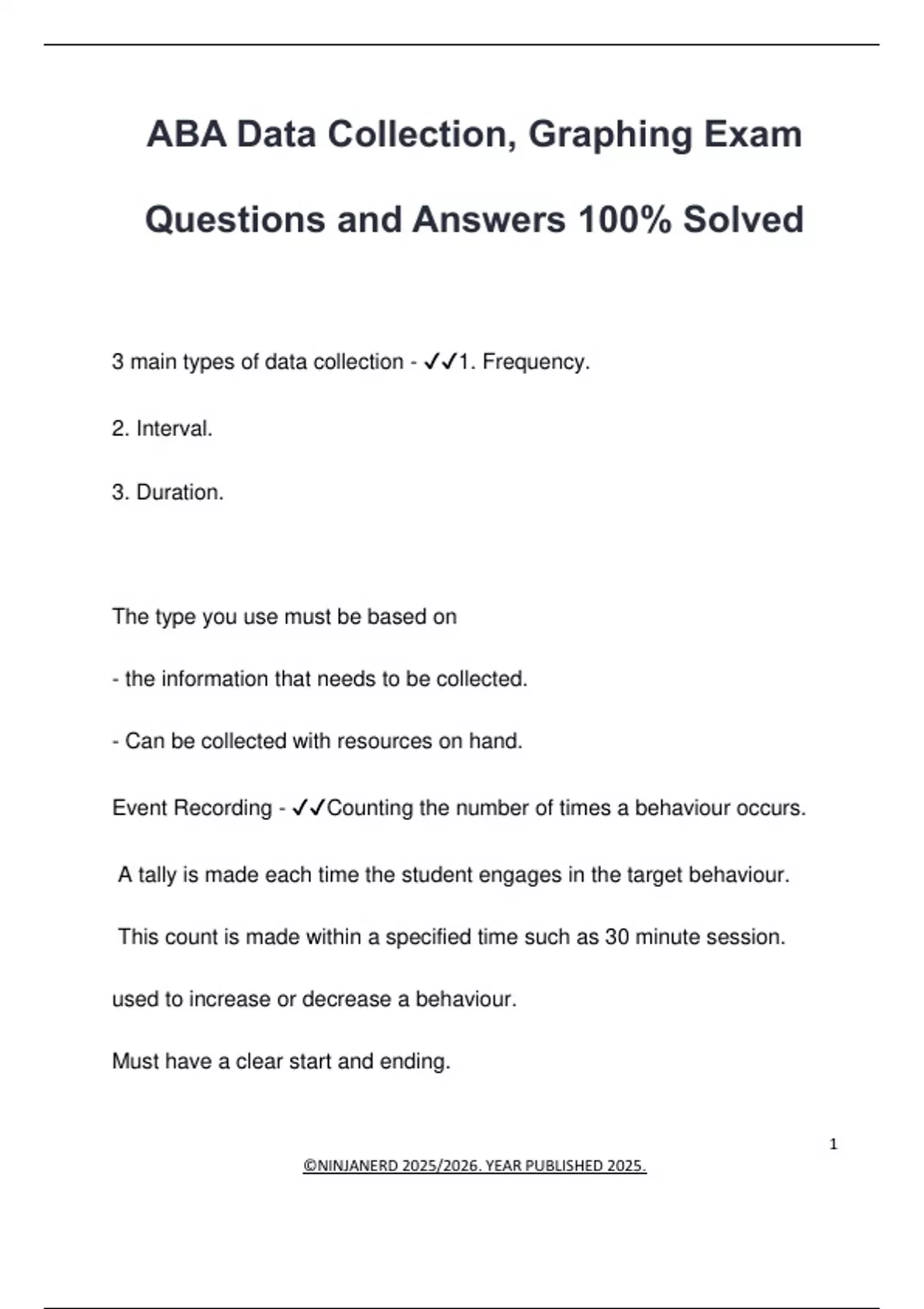 ABA Data Collection, Graphing Exam Questions and Answers 100% Solved ...