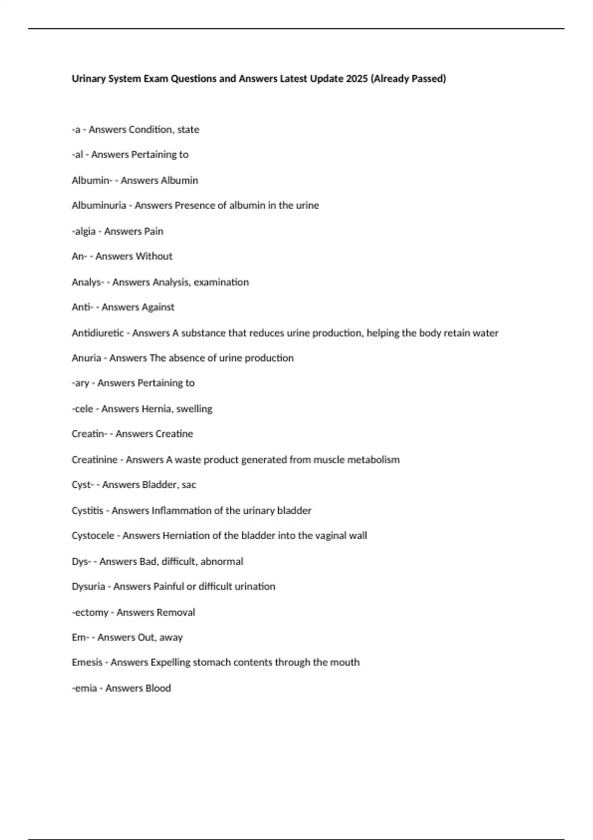 Urinary System Answer Urinary System Exam Questions and Answers Latest Update 2025 (Already ...