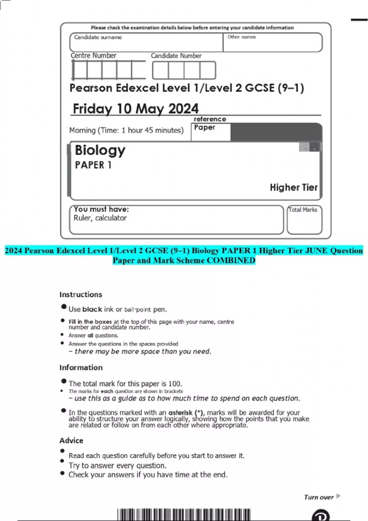 2024 Pearson Edexcel Level 1/Level 2 GCSE (9–1) Biology PAPER 1 Higher ...