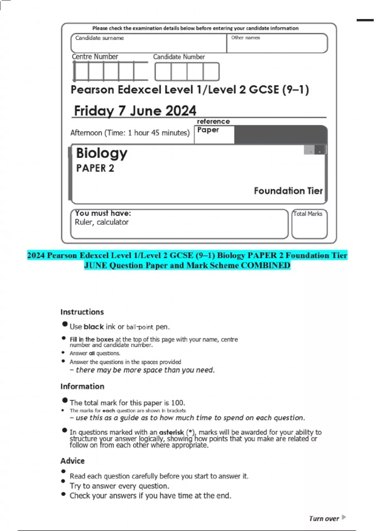 2024 Pearson Edexcel Level 1/Level 2 GCSE (9–1) Biology PAPER 2 ...