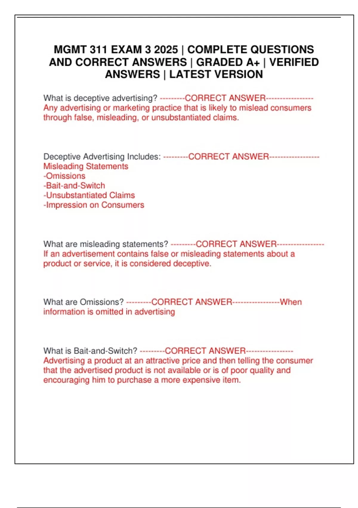 MGMT 311 EXAM 3 2025 | COMPLETE QUESTIONS AND CORRECT ANSWERS | GRADED ...