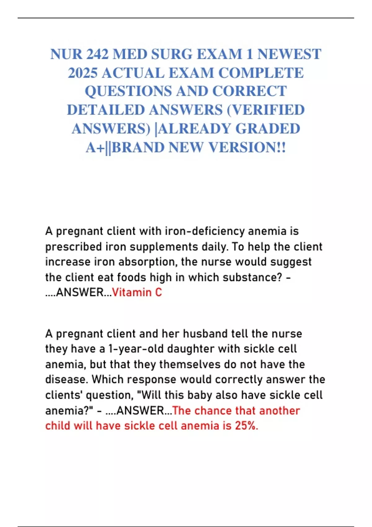 NUR 242 MED SURG EXAM 1 NEWEST 2025 ACTUAL EXAM COMPLETE QUESTIONS AND ...