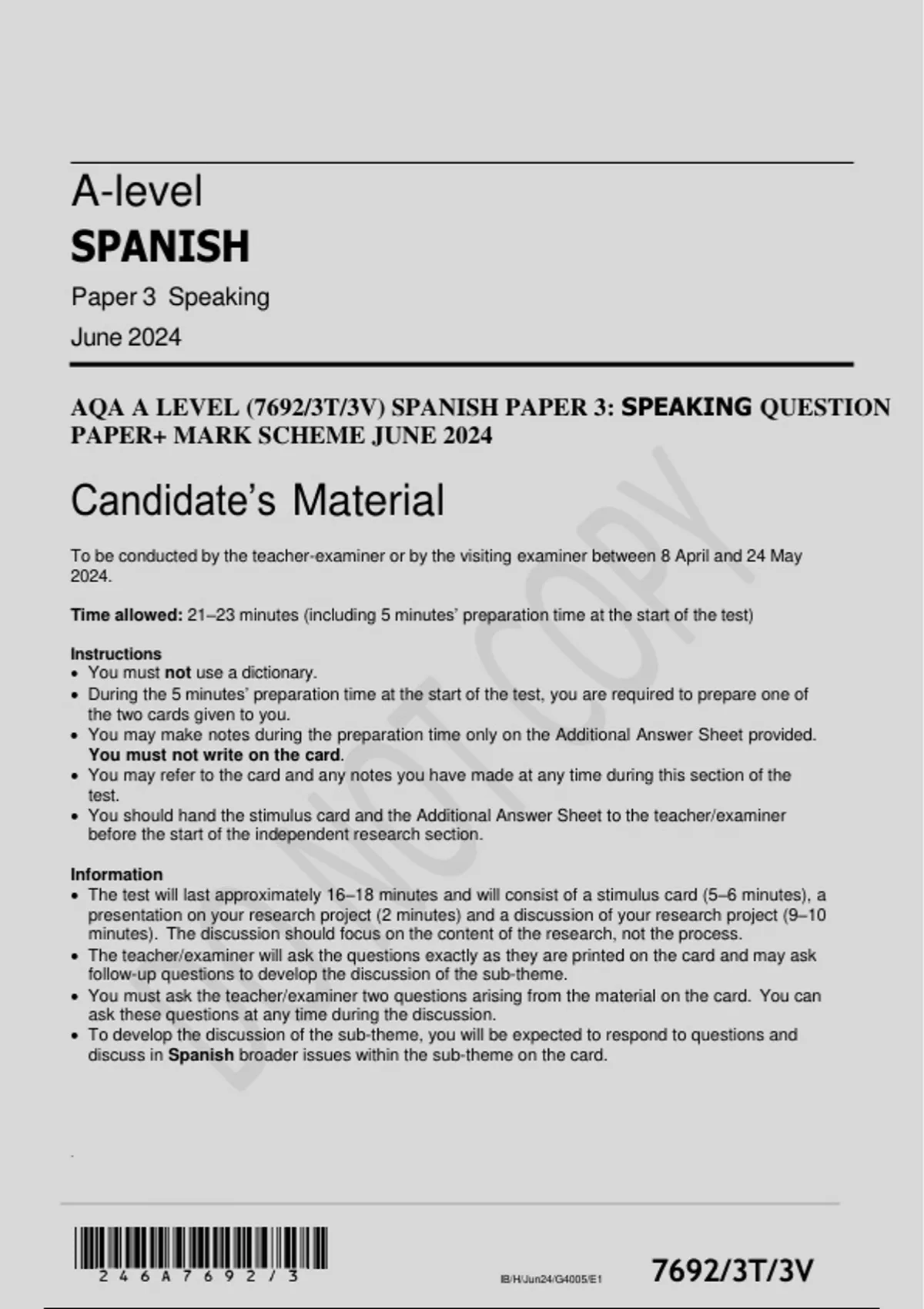 AQA A LEVEL (7692/3T/3V) SPANISH PAPER 3: SPEAKING QUESTION PAPER+ MARK ...