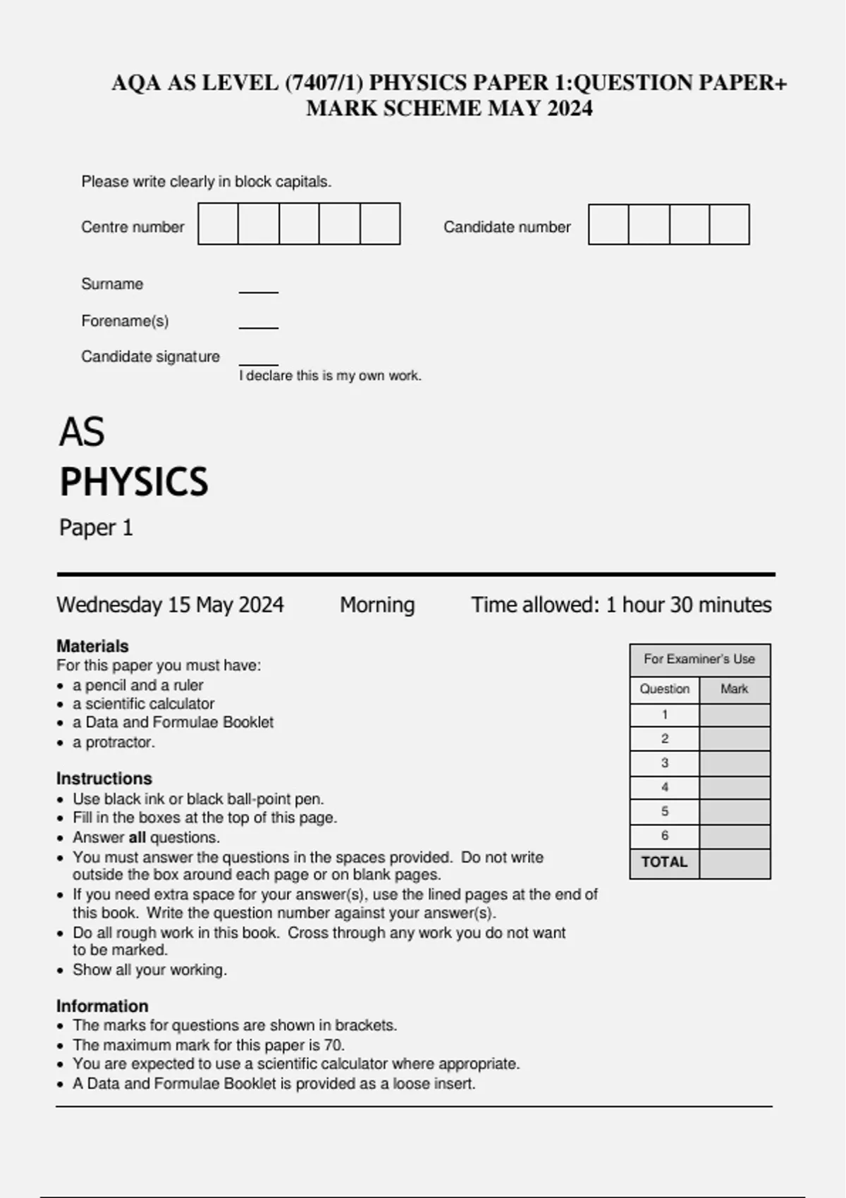 AQA AS LEVEL (7407/1) PHYSICS PAPER 1:QUESTION PAPER+ MARK SCHEME MAY ...