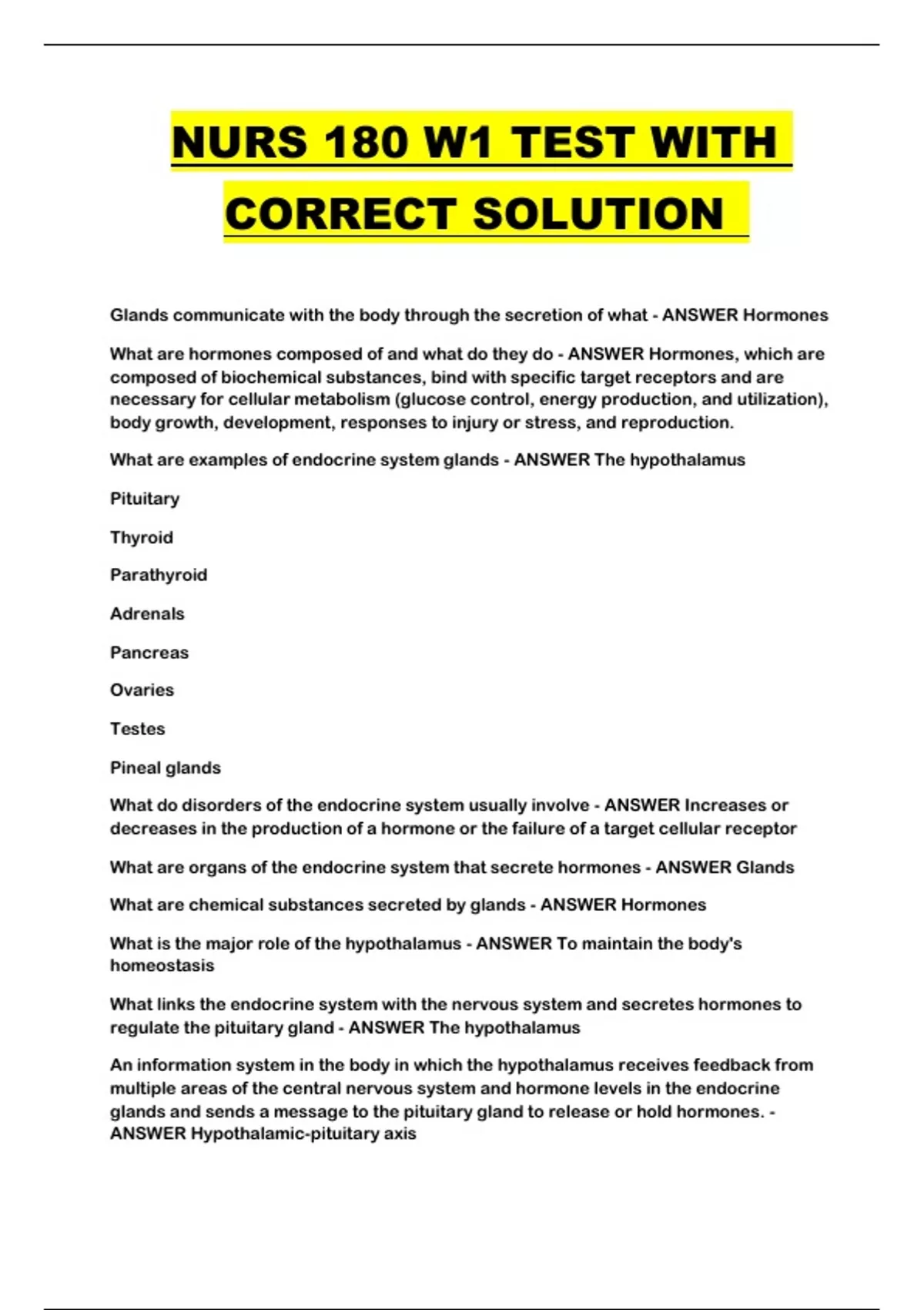 NURS 180 W1 TEST WITH CORRECT SOLUTION - NURS 180 - Stuvia US